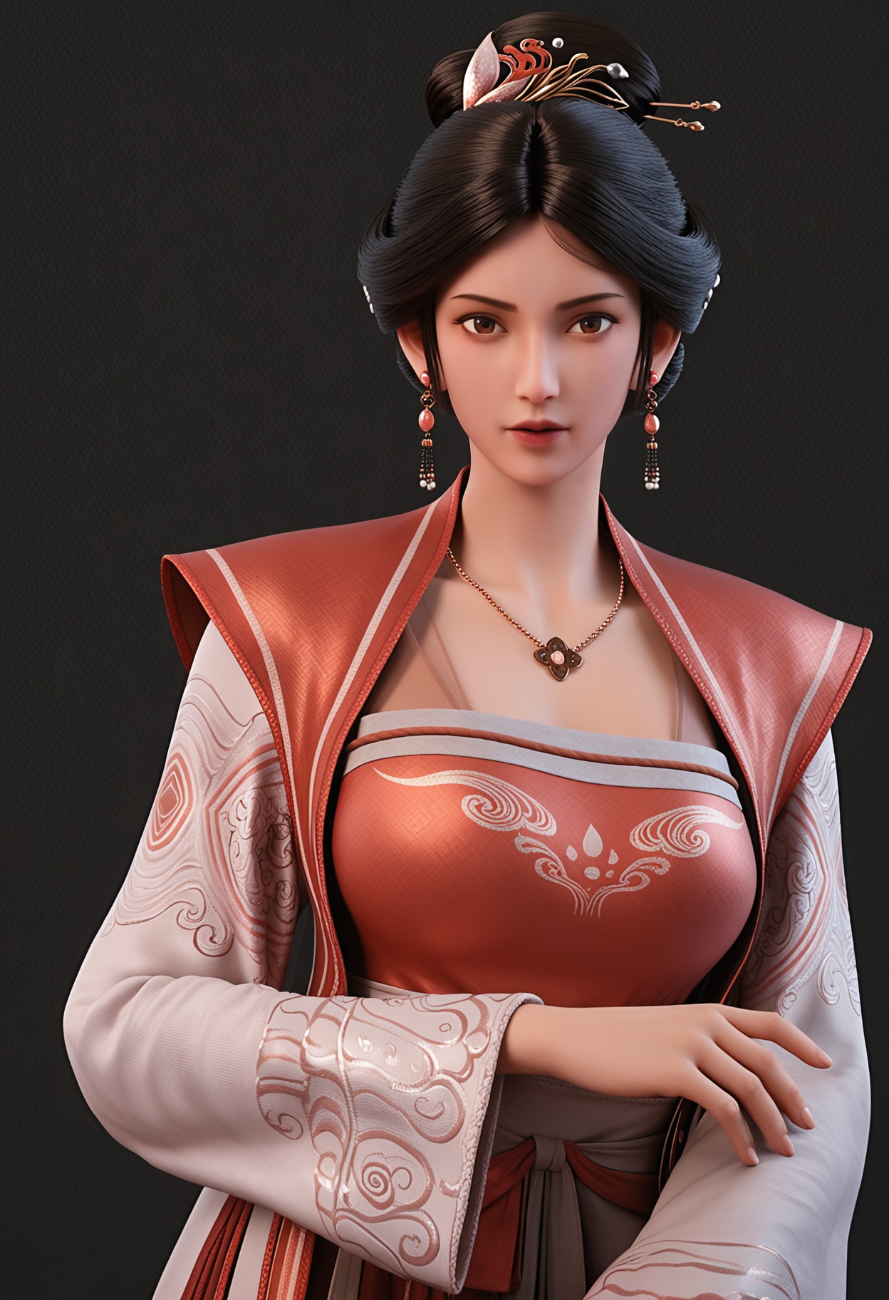 score_9,looking_at_viewer,upper body,(large breasts:0.8),xushi,1girl,solo,black hair,jewelry,earrings,realistic,hair ornament,hair bun,necklace,brown eyes,chinese clothes,lips,long sleeves,dress,hanfu,shoes,(simple background,pure black background,black background:1.1),perfect_anatomy,<lora:QQSponyxushiV1:0.8>,