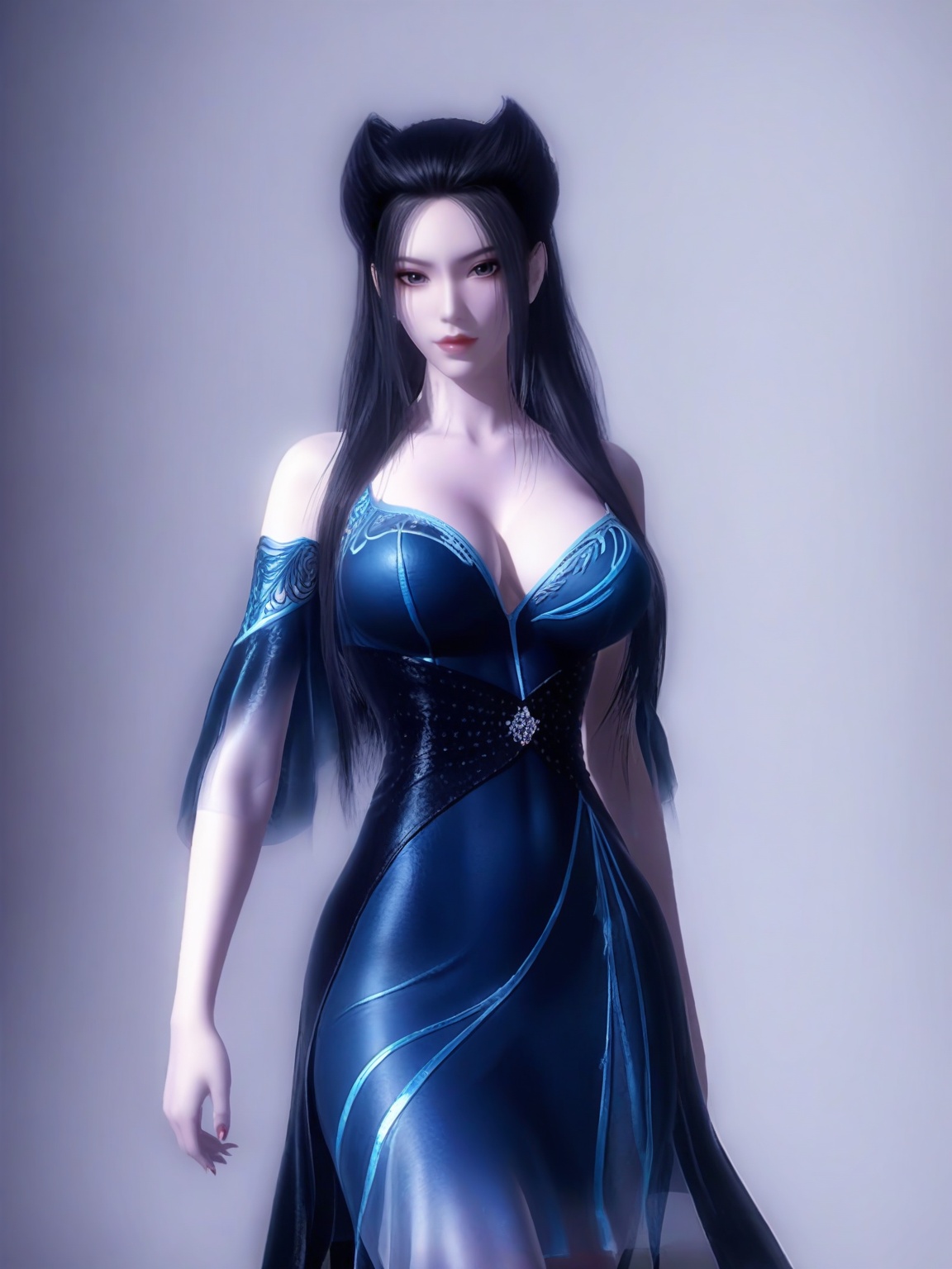 score_9,<lora:SF_YanLingJiBlueDress_Pony_Realism2.3-000004:0.7>,1girl,solo,standing,blue dress,breasts,large breasts,highleg,red lips,jewelry,raw lighting,looking at viewer,white background,simple background,