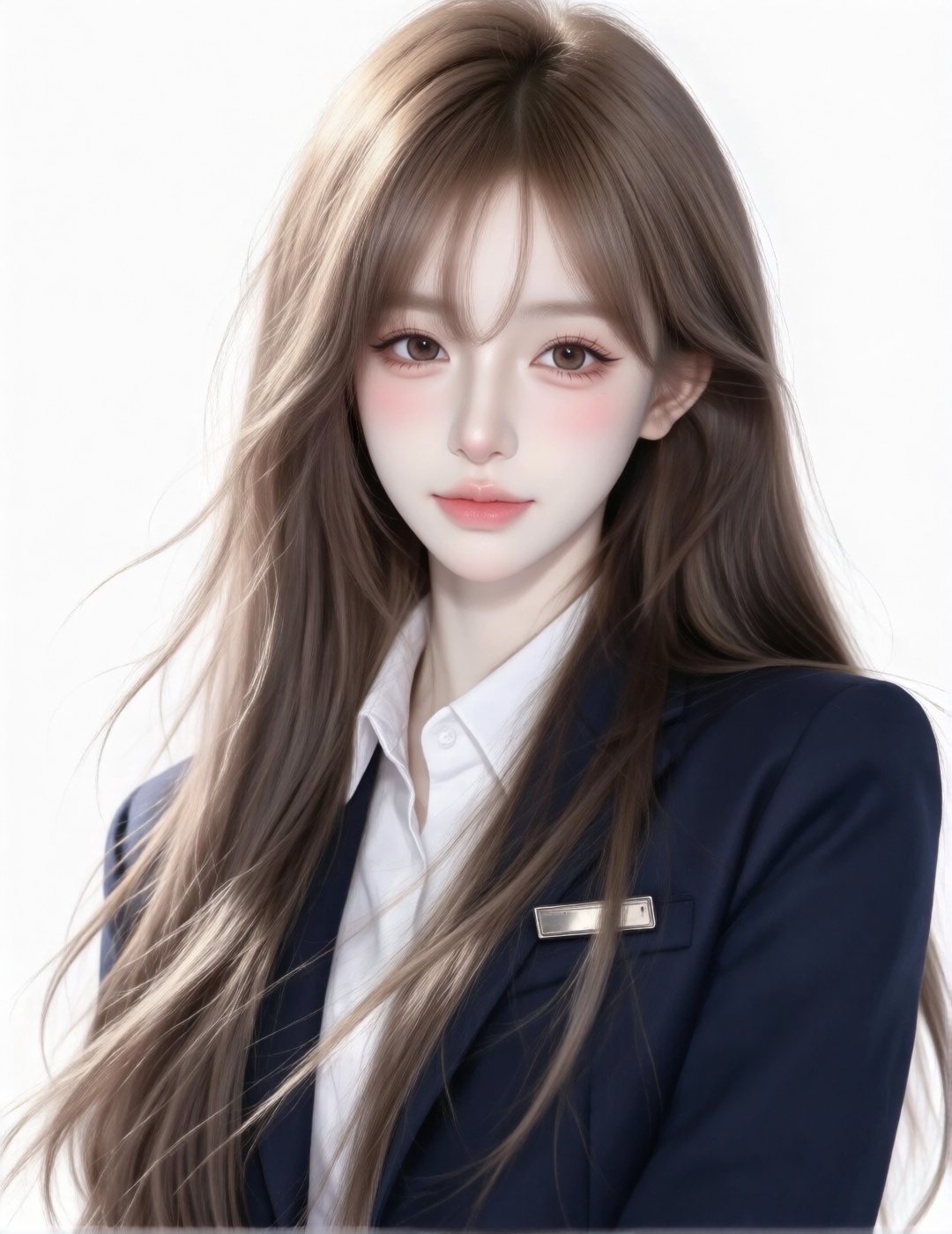 A young woman with long,  flowing light-brown hair and soft bangs gazes directly forward,  her expression calm and gentle....