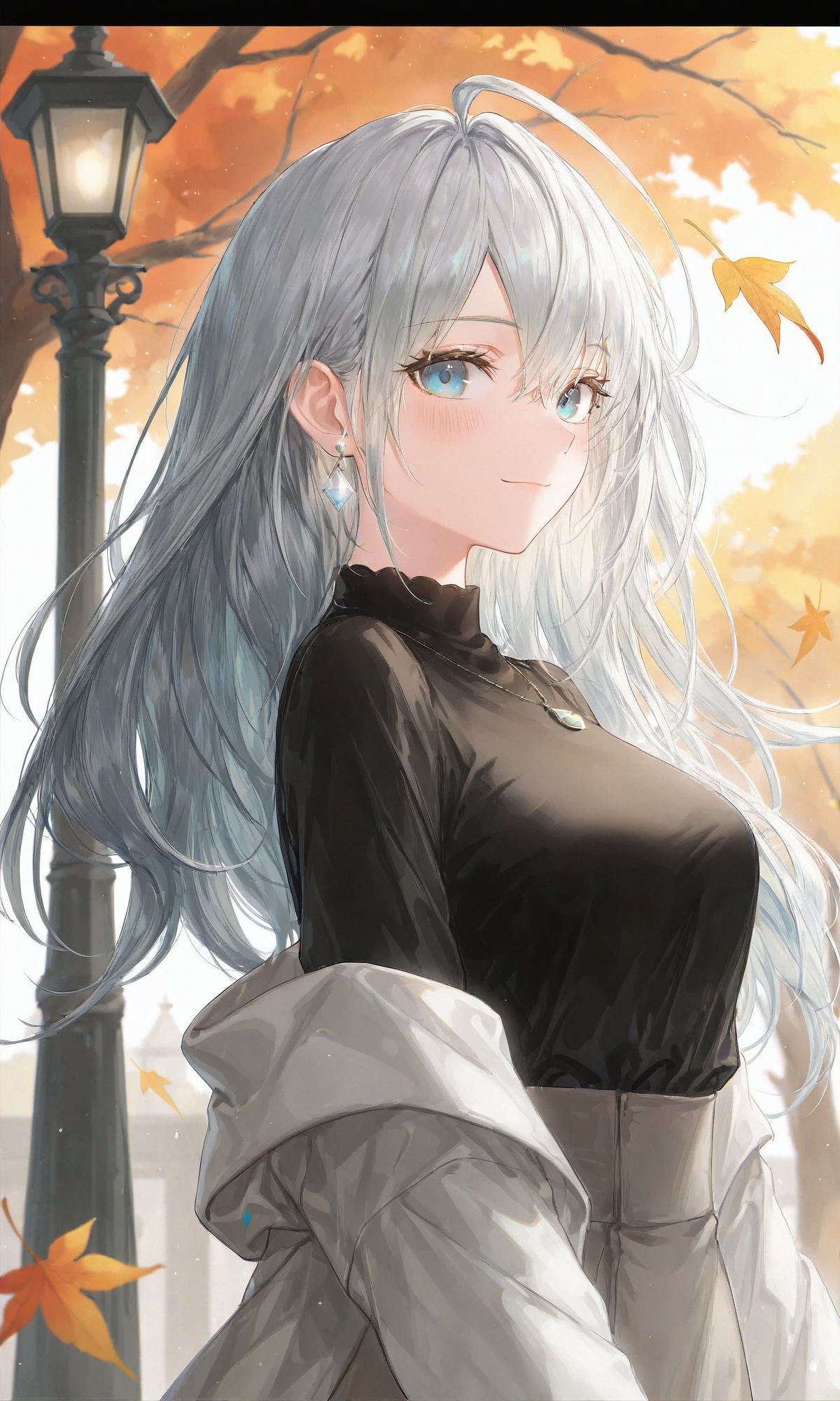 masterpiece,extremely delicate and beautiful,best quality,artistic style,fashionable,cool and fashionable,masterpiece,best quality,good quality,very aesthetic,1girl,solo,long hair,breasts,looking at viewer,blush,smile,bangs,blue eyes,shirt,long sleeves,hair between eyes,jewelry,closed mouth,upper body,ahoge,grey hair,earrings,outdoors,from side,tree,black shirt,floating hair,leaf,letterboxed,wind,autumn leaves,lamppost,