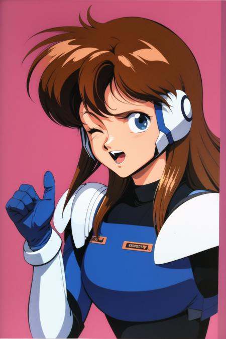 1girl, solo, one eye closed, gloves, blue eyes, retro artstyle, long hair, spikes, brown hair, white background, armor, open mouth, simple background, shoulder armor, looking at viewer, brown gloves, headgear, helmet, upper body, 1990s (style),<lora:Kenichi Sonoda:0.8>