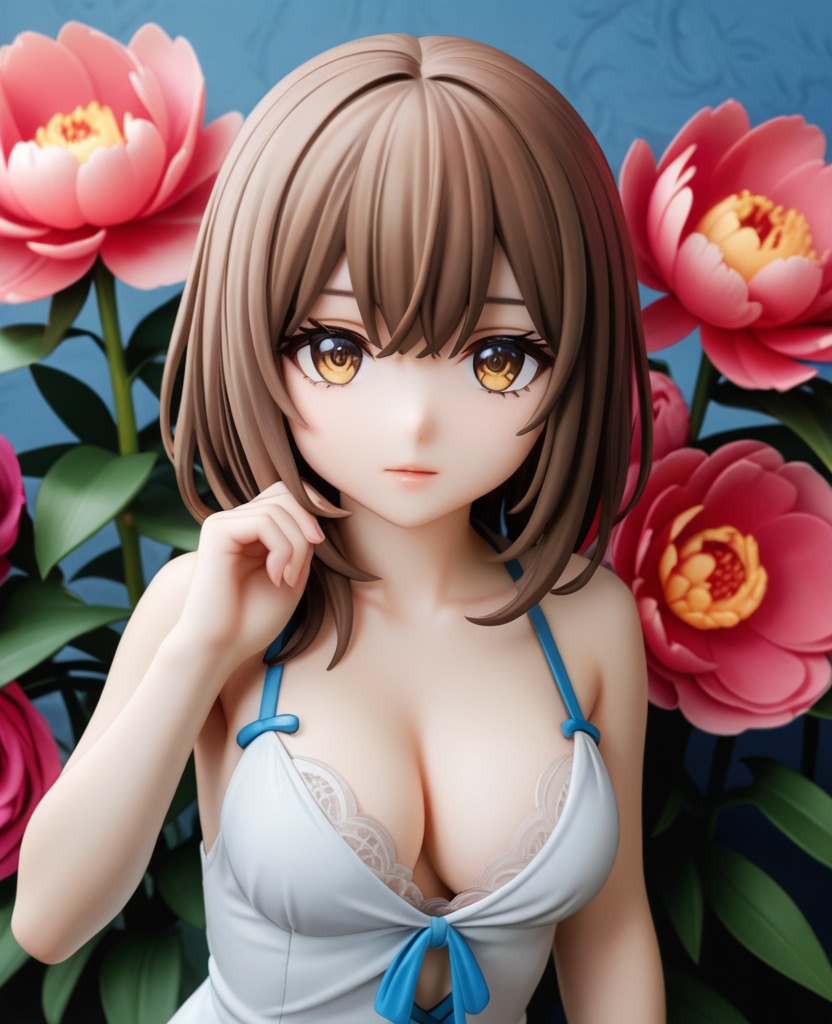 (,1girl, ,best quality, ),looking at viewer,  ,,ultra detailed background,ultra detailed background,ultra realistic 8k cg, , ,masterpiece, (( , )),,, ultra realistic 8k cg, ,      ,peony \(flower\),(cleavage), (),