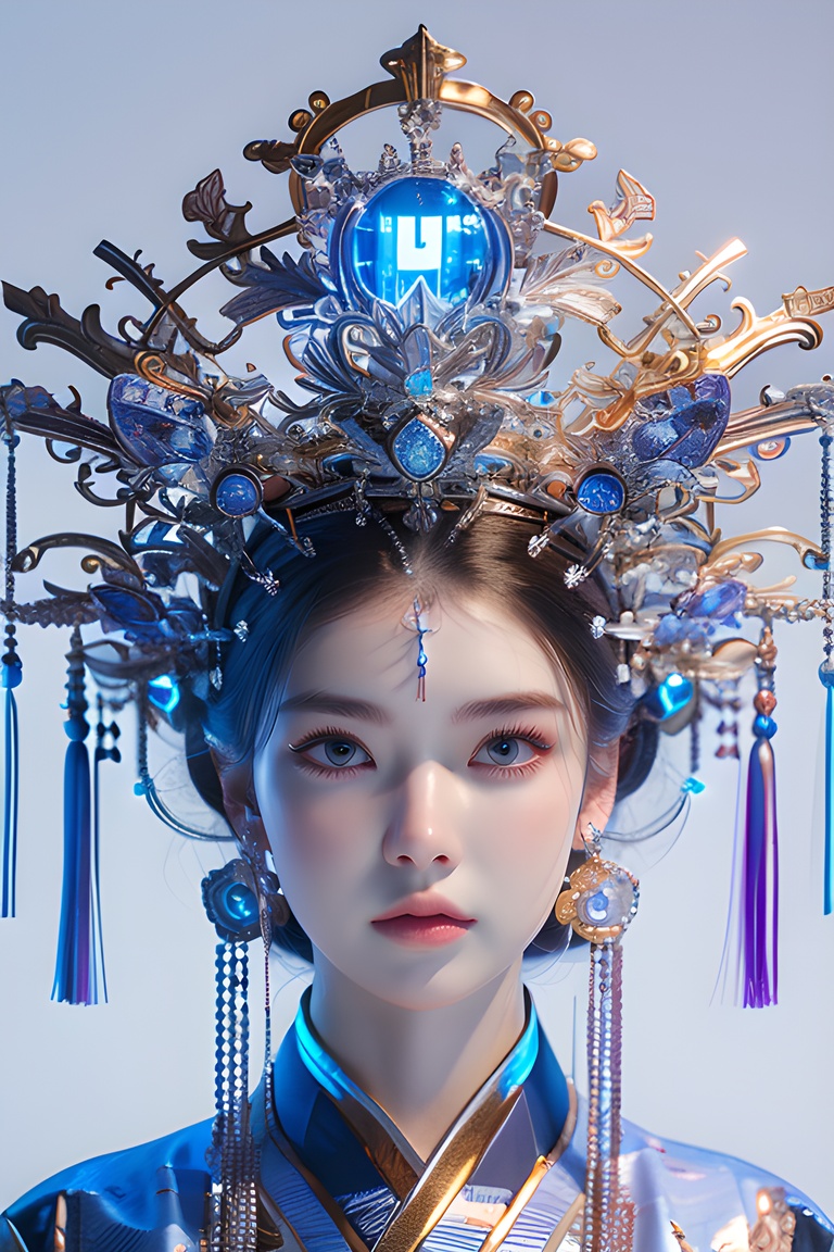 1beauty,colorful,neon lights,Cyberpunk beauty,artist name,bangs,blue eyes, closed mouth ,earrings ,eyelashes ,face, glowing ,gradient, gradient background ,hair ornament ,hair stick ,halo ,jewelry ,lips ,long hair, looking at viewer ,makeup ,mascara, portrait ,simple background ,solo, tassel ,upper body ,cyberpunk ,3d, neon light ,Bagua ,Tai Chi ,future technology, glow, glow effect ,high detail, best quality ,Tang Dynasty clothing ,hanfu , <lora:20240218-1708234260649:0.7>, <lora:lora_美女大胸写实:0.4>, <lora:meinv123:0.6>