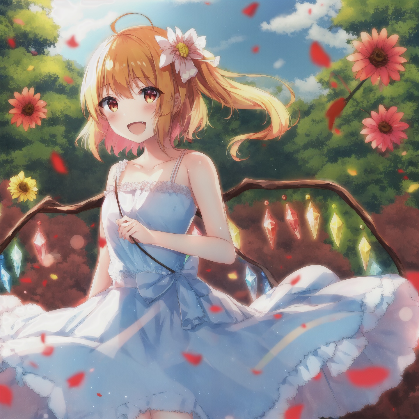 1girl, solo, flower, outdoors, open mouth, yellow flower, looking at viewer, red eyes, red flower, sky, day, smile, flandre scarlet, blonde hair, bare arms, petals, wings, hair flower, dress, cowboy shot, hair ornament, rose, red ribbon, ribbon, blue sky, hair ribbon, bare shoulders, crystal, blush, one side up, cloud, white dress, red rose, tree, collarbone, :d, standing, alternate costume, strap slip, no headwear, bangs, white flower, grass, fang, sunflower, sundress, spaghetti strap, skirt hold, daisy, ahoge, yellow bow, frills, blue flower, sleeveless dress, lens flare, bow, thighs, pink flower, leaf, short hair