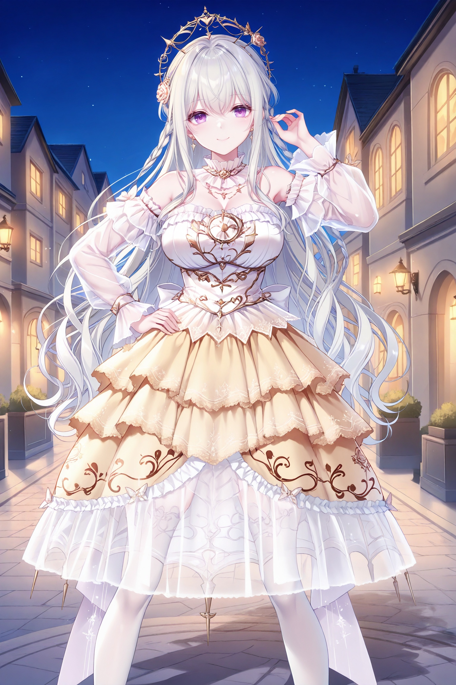 masterpiece,best quality,newest,absurdres,highres,soft shadows,year2024,mutou kurihito,[kimishima ao],[[[bison cangshu]]],[[[[[sheya]]]]], <lora:maiXLNAI:1> maiensemble, purple eyes, braid, long hair, white hair, hair between eyes,1girl,solo, smile,mature female, <lora:wishfulaurosa2XLNAI:1.4>wishful aurosa,dress,pink dress,see-through sleeves, detached sleeves,strapless dress, dress flower, white thighhighs,print thighhighs, earrings, frilled dress,see-through dress,outdoors:1.4,street, cityscape,legs apart,large breasts, hand on own hip,arm up,night,