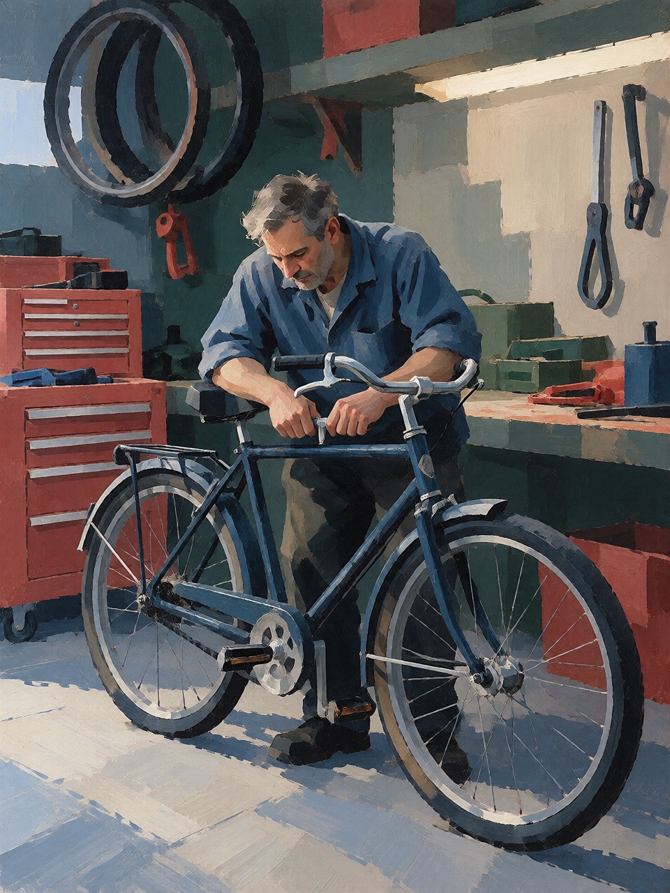A middle-aged man wearing a faded blue work shirt repairing a bicycle in a cluttered neighborhood workshop. Red tool cabin...