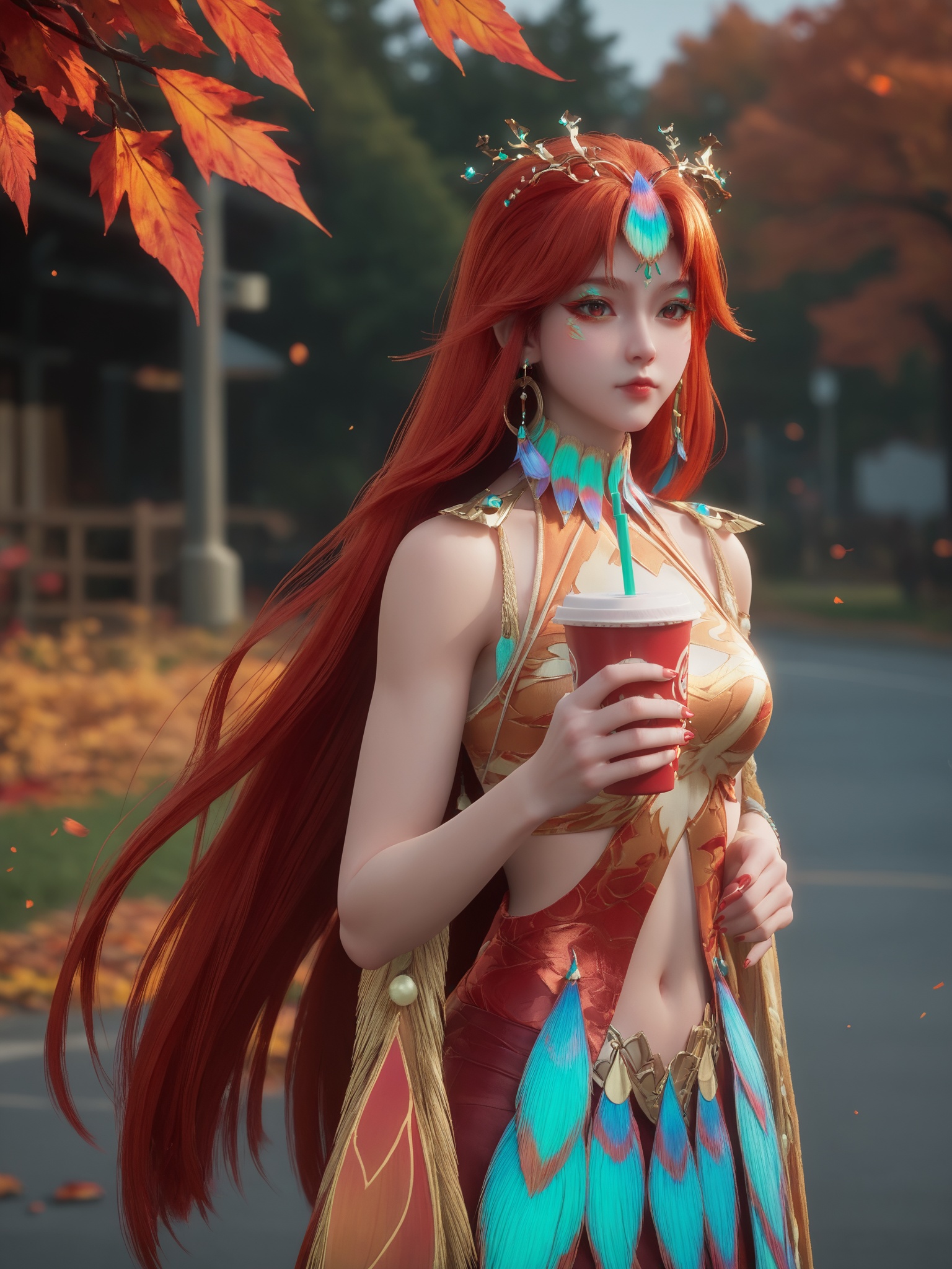 score_9,score_8_up,score_7_up,1girl,solo,holding_cup,cup,holding,disposable_cup,looking_at_viewer,blurry,drinking_straw,blurry_foreground,depth_of_field,autumn_leaves,autumn,blush, <lora:沧元图-柳七月-凤凰Pony:0.65>,long,flowing red hair,a vibrant,flowing skirt adorned with large,colorful,peacock-like feathers in shades of green,blue,and gold,cascading down her right side.,
