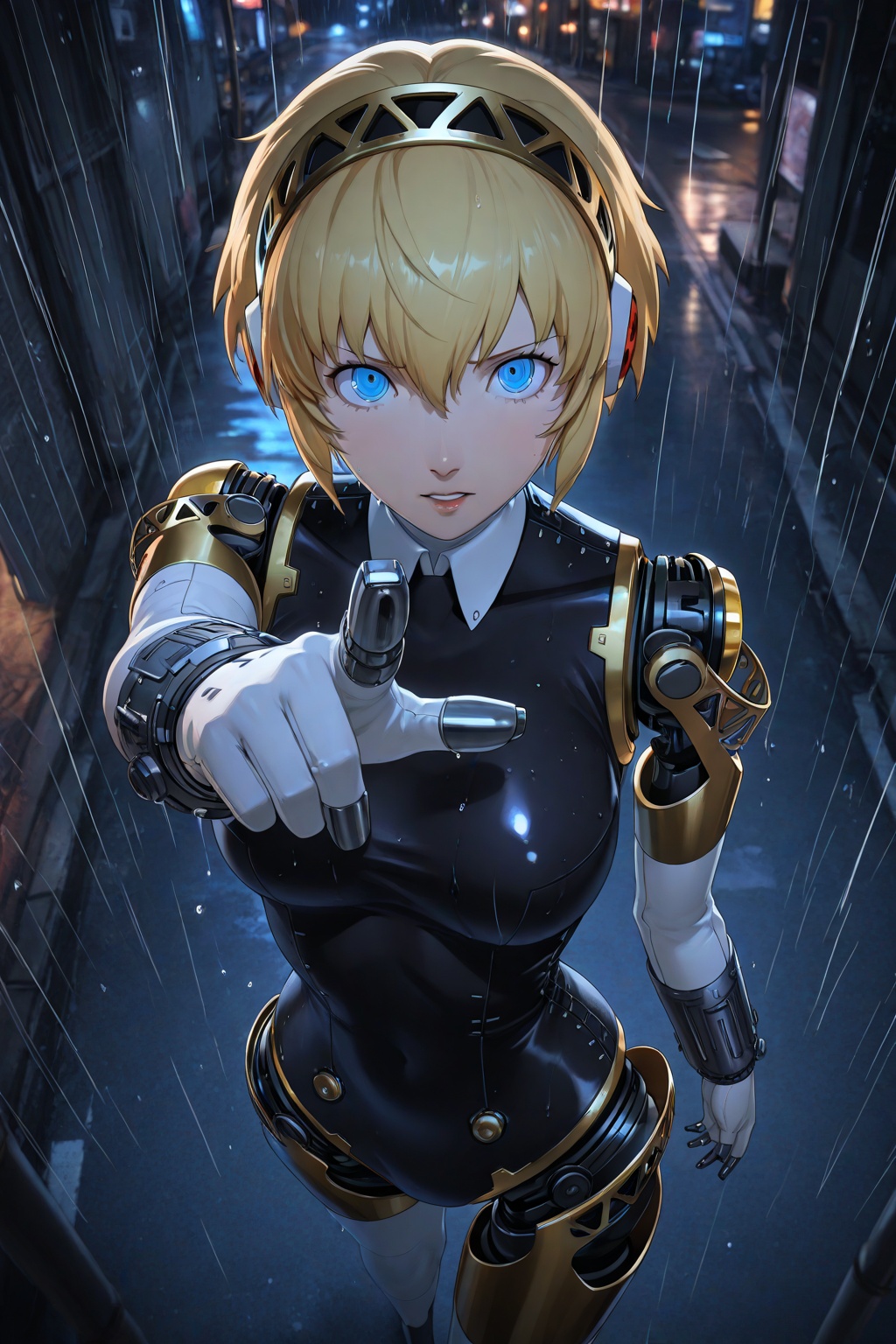 masterpiece,best quality,amazing quality,very aesthetic,absurdres,newest,highres,1girl,solo,aegis \(persona\),persona,cyberpunk,street,night,darkness,metallic texture,from above,ray tracing,unreal engine,pointing to you,rain drops on the girl,