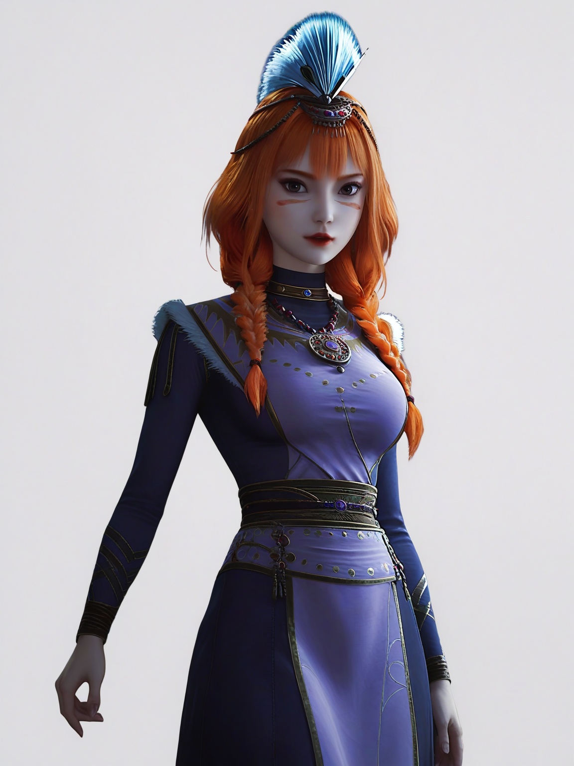 score_9,<lora:SF_SiYuDan_Pony_Realism2.3-000004:0.7>,1girl,solo,dress,orange hair,bangs, large breasts,multiple braids,twin braids,facepaint,facial mark,feathers,hair over shoulder,long sleeves,lipstick, hair ornament,standing,looking at viewer,white background,