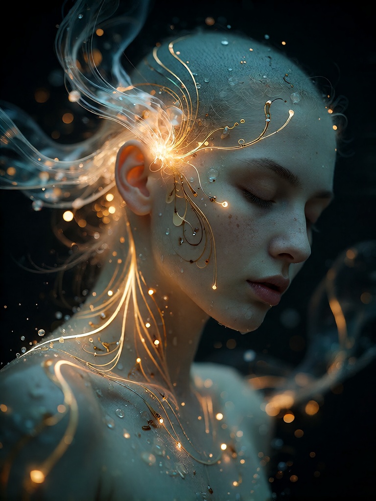 Bradhamel art style. A serene,  ethereal woman with closed eyes and softly downcast gaze,  her skin rendered in cool teal...