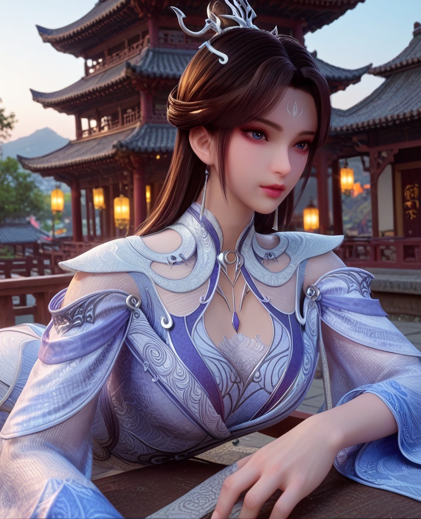 (oriental architecture, elegant decor, sophisticated style:1.1),(Lying down on the back, gazing at the sky,:1.1),(breasts:1.2),<lora:XL宗门卧底沧月公主:0.95>,miss cangyue,blue white dress,double sleeve,lace bra,blue eyes,white foil under the left eye,eyeshadow,forehead mark,hair ornament,hair bun,long hair,earrings,pelvic curtain,, score_9,score_8_up,score_7_up,score_6_up,score_5_up,score_4_up,3d rendering,tag1,tag2, Cinematic Lighting,backlighting,
