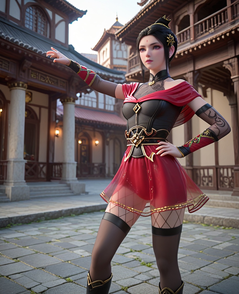 (oriental architecture, elegant decor, sophisticated style:1.1),(Standing with hands on the hips, looking determined:1.1),(breasts:1.2),<lora:XL斗破苍穹琥嘉:0.95>,miss hujia,black corset,sash,red see-through miniskirt,red shawl,makeup,purple eyes,forehead mark,black hair,sidelocks,hair bun,purple lipstick,eyeshadow,elbow gloves,black thighhighs,black boots,fishnets,, score_9,score_8_up,score_7_up,score_6_up,score_5_up,score_4_up,3d rendering,tag1,tag2, Cinematic Lighting,backlighting,
