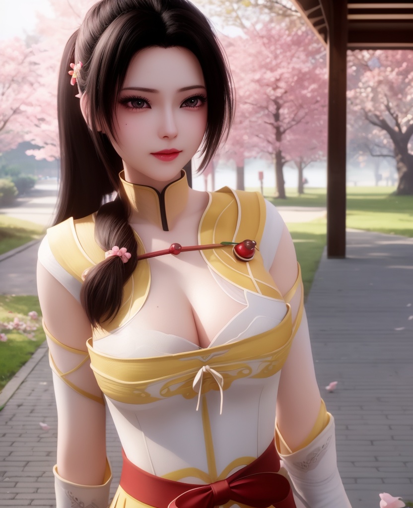 <lora:614-DA-炼气十万年-朴灵儿:0.8>(,1girl, ,best quality, ),looking at viewer,  ultra detailed background,ultra realistic 8k cg,ultra detailed 8k cg,masterpiece,upper body,  (( , )),, ,science fiction,mole, ultra realistic 8k cg, ,    ,outdoors, sun,sunlight, cherry blossoms,      (cleavage), (),