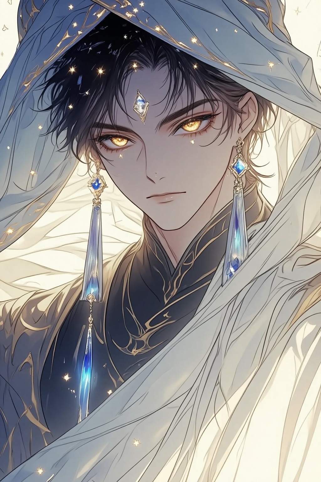 ZOZ_SUMIAOHH,ZOZ_SUMIAOMIAO,a digital illustration shoot from a portrait camera angle about a close-up portrait of a male character with dark hair and golden eyes,dressed in a regal outfit adorned with intricate details and jewelry,set against a soft,ethereal light background,the image also shows intricate details in the characters attire,including a white cloak with gold accents and blue accents,and a pair of earrings,on the middle of the image,a young man appears to be looking directly at the viewer with a serious expression,wearing a white robe with intricate designs and a blue headpiece adorned with sparkling jewels,he has dark hair,which is styled in a short,wavy manner,and his golden eyes are looking straight into the viewer,the man is positioned in the center of the frame,with his upper body visible,and he is wearing a dark outfit with a high collar and a high neckline,the background is a soft and dreamy,with a focus on the mans face and upper body,and the lighting is soft and ethereal,creating a sense of depth and dimensionality,