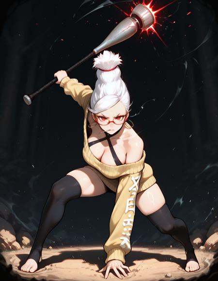masterpiece,  best quality, 1girl, solo,  absurdres, large breasts, SeikoDG,red eyes, white hair, red-framed eyewear,halterneck, yellow sweater, off-shoulder sweater,white toeless legwear,holding bat, attack, fighting stance,straight-on , striking with a powerful hammer fist, landing impact, close-up view, , blurry background, glowing, light particles,embedding:SmoothQuality, 
