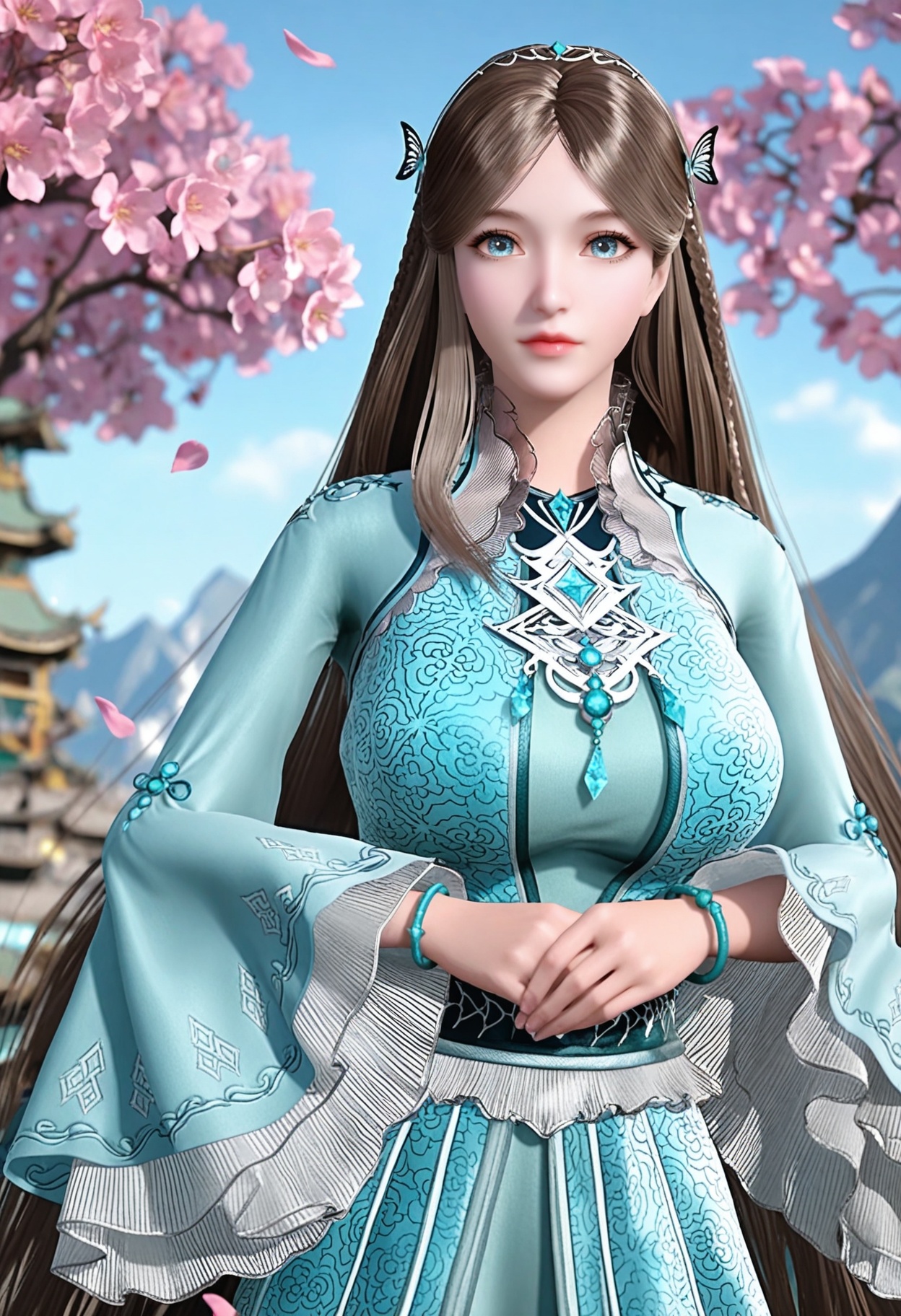 (upper_body:1.2),(looking_at_viewer:1.4),(gigantic breasts:0.7),fantasy,dreamlike,Pastel Colors,hyper realistic,southeast asia,aestheticism,beautiful detailed sky,chinese mythology,wonderland,peach blossom,falling petals,smog,yunxia,<lora:YQ_li光辉v5_宁荣荣_V1:0.8>,solo,1girl,long_hair,brown_hair,dress,hair_ornament,long_sleeves,braid,blue_dress,blue_eyes,jewelry,gem,wide_sleeves,bangs,bracelet,parted_bangs,green_dress,necklace,tiara,very_long_hair,pantyhose,butterfly_hair_ornament,