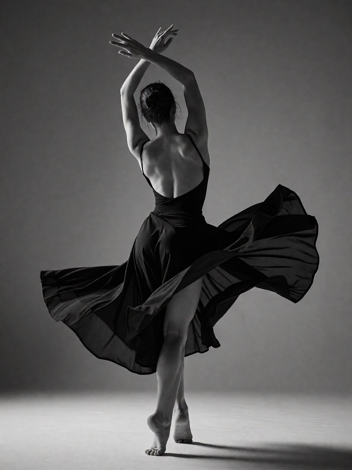 A black-and-white dancer in motion,  back exposed,  arms elegantly raised. Her dark skirt swirls dramatically around her a...