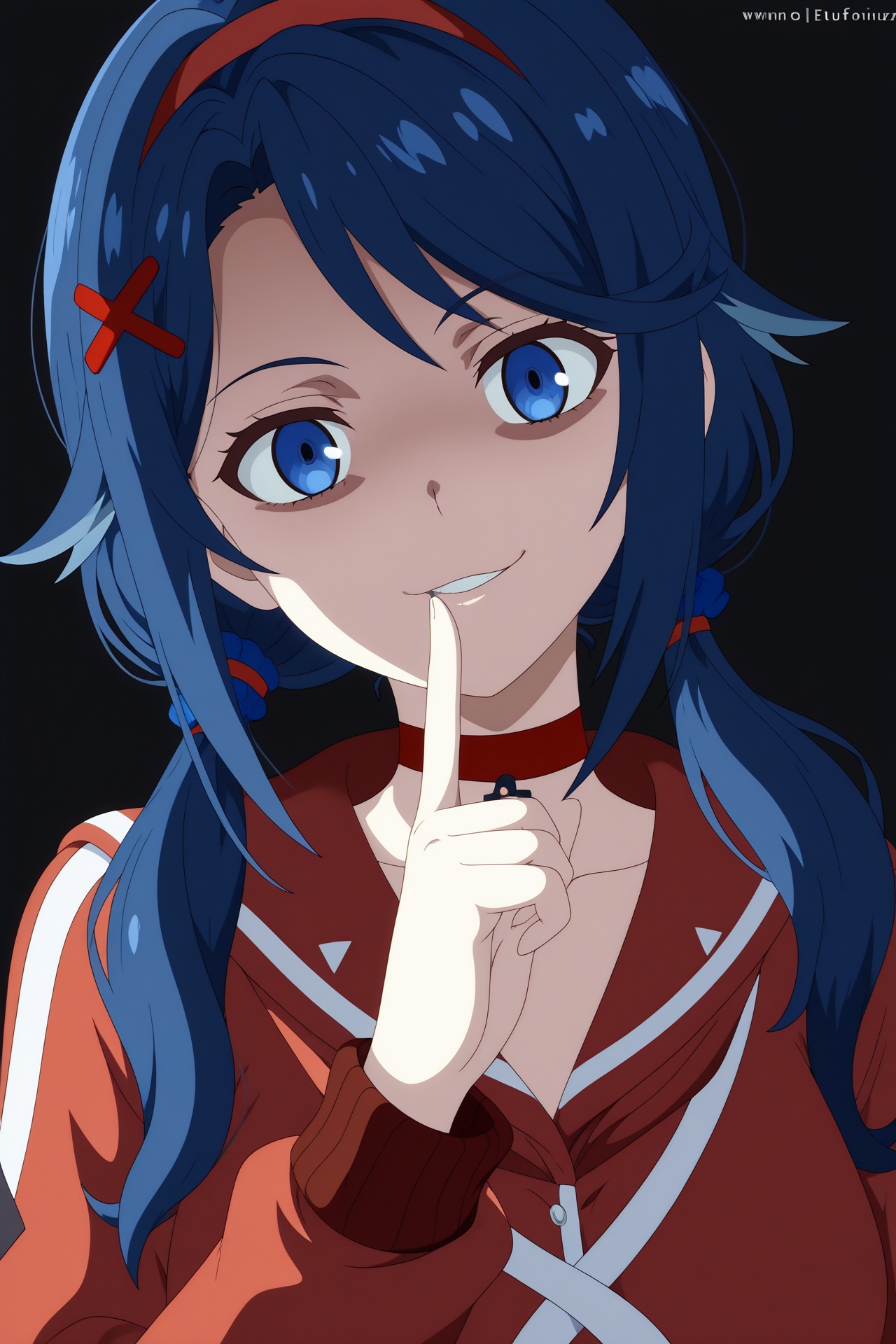 1girl,crazy mita \(miside\),shixuexiao:0.5,eufoniuz:0.5,masterpiece,blue eyes,low twintails,red hairband,blue scrunchie,red hairclip,red choker,finger to mouth,partially shaded face,head tilt,smirk,upper body,black background,blue hair,red shirt,