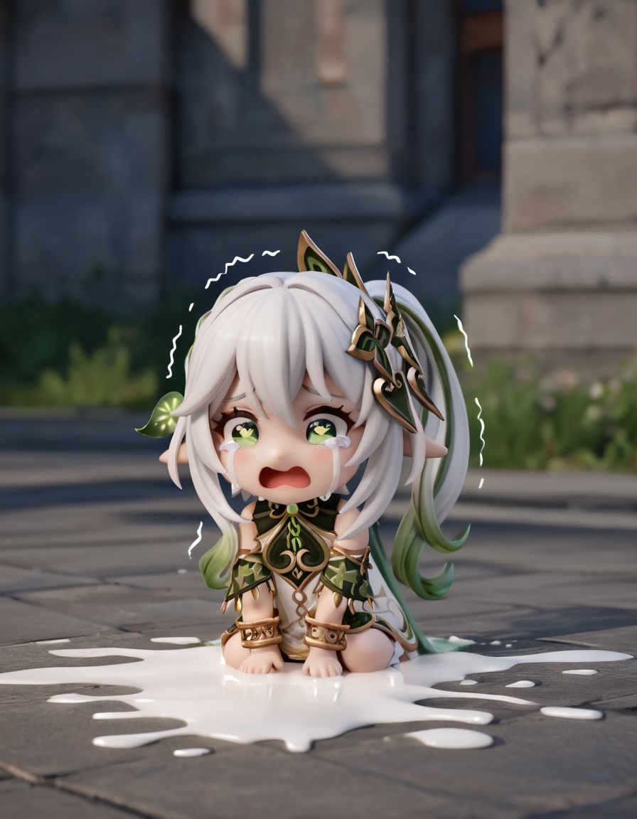 hires,1girl,nahida \(genshin impact\),chibi,wavy mouth,open mouth,crying,streaming tears,tearing up,tears,spilled milk on floor,outdoors,shaking,trembling,masterpiece,best quality,amazing quality,very awa,absurdres,newest,very aesthetic,depth of field,highres,