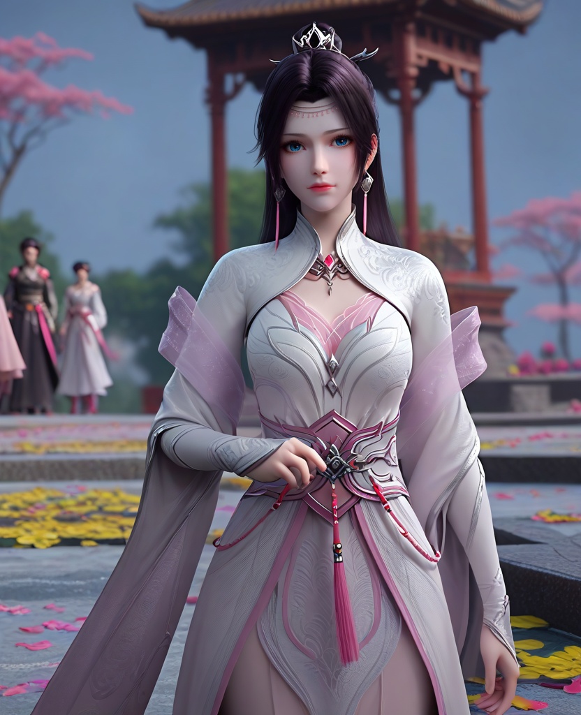 (oriental architecture, elegant decor, sophisticated style:1.1),(head tilt:1.1),looking at viewer,(breasts:1.2),<lora:XL16斗破苍穹花宗云韵:0.95>,miss yunyun,white dress,blue eyes,traditional chinese updo with long cascading hair,black hair,hair ornament,earrings,jewelry,bolero,pink sheer shawl,wide flowing sleeves,pink chiffon bra,sash,opera gloves sleeves,white high heels,, score_9,score_8_up,score_7_up,score_6_up,score_5_up,score_4_up,3d rendering,tag1,tag2, Cinematic Lighting,backlighting,, zPDXL3, zPDXL2,zPDXL, zPDXLxxx, zPDXLrl,