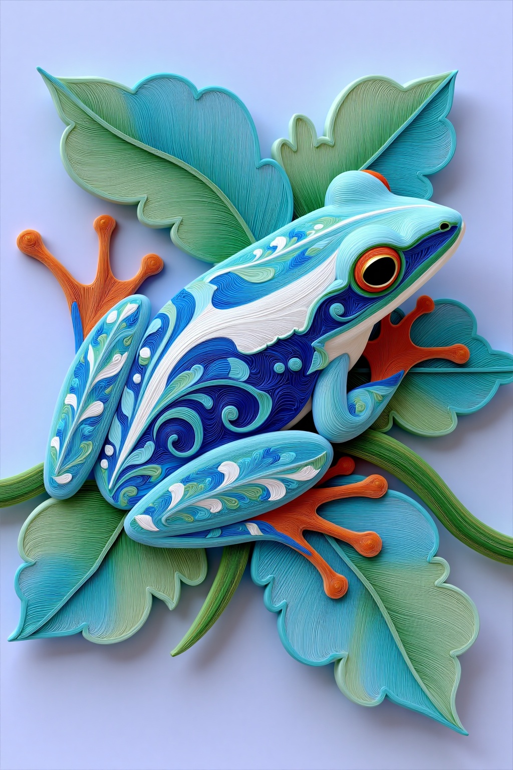 beijihui,a vibrant blue frog,adorned with a white underside,is perched on a light purple surface. The frog's body is adorned with blue swirls,adding a pop of color to the scene. Its eyes are a deep orange,with a black rim around it. Its mouth is open,revealing a small black hole in the center of its face. Its head is encircled by a cluster of leaves,which are a vibrant shade of green. The leaves are arranged in a way that creates a sense of depth and dimension,adding depth to the composition.,