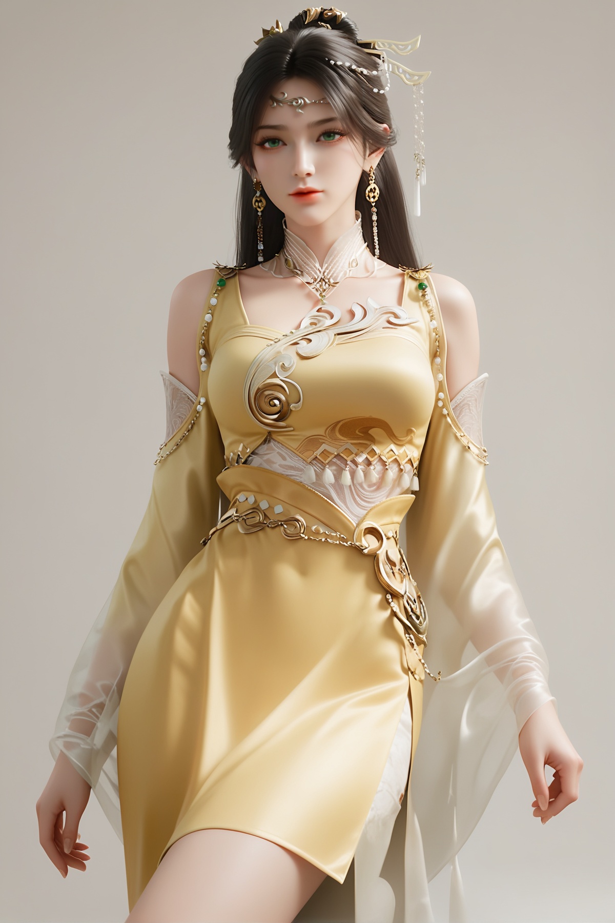 score_9,score_8_up,score_7_up,1girl,long hair,breast,medium breast,earrings,hair_ornament,dress,black hair,green eyes,thick_thighs,yellow_dress,<lora:wy_jinpinger_XL7.0:0.8>,simple background,