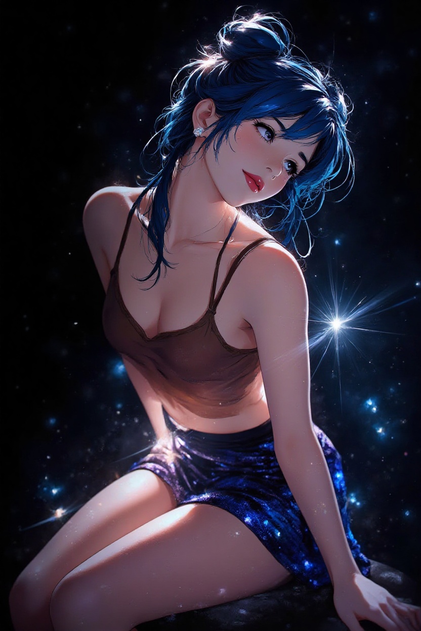 { "prompt": "Anime-style digital illustration of a girl with messy blue space buns and fair skin,  wearing a sheer brown t...
