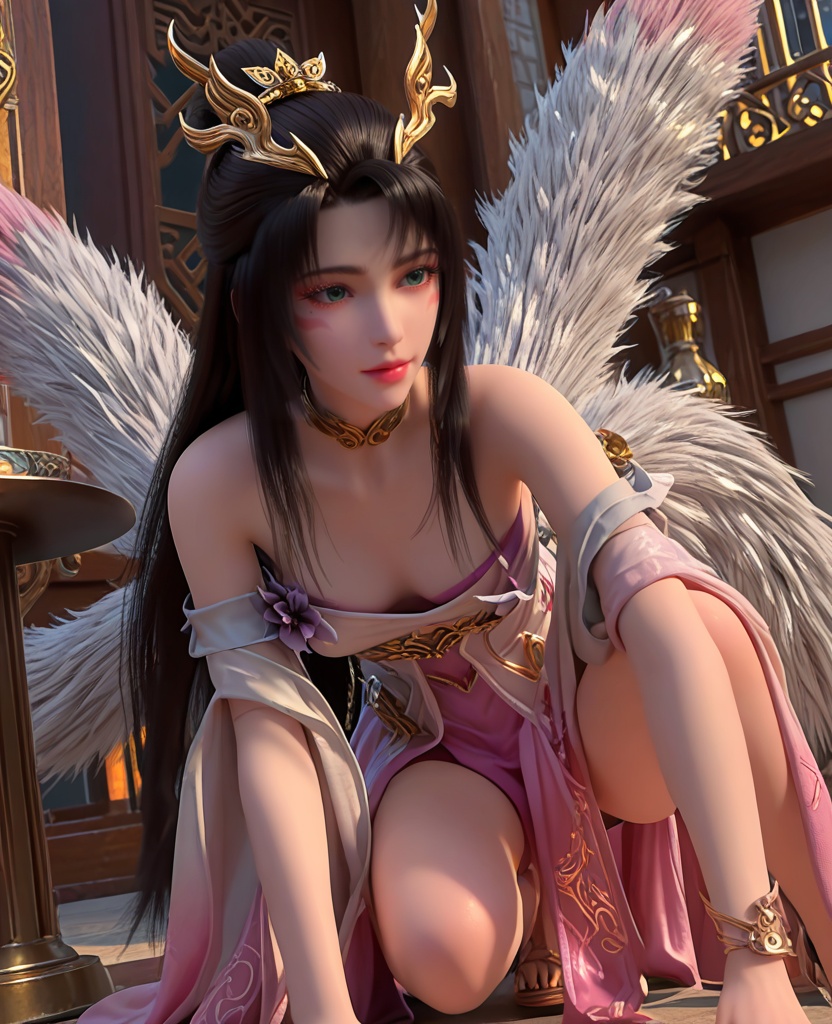 (oriental architecture, elegant decor, sophisticated style:1.1),squatting,(breasts:1.2),<lora:XL完美世界天狐仙子:0.9>,miss tianhuxianzi,solo,white dress with pink minidress underneath,shawl sleeve,multilayer fart curtain,green eyes,(glittering eyeshadow:1.3),facial mark,mole under right eye,black hair,long hair,hair ornament,half tied ponytail,(hanging hair:1.2),choker,jewelry,four-foxtailed,streaked tail tip,flower ornament of purple,parted lips,, zPDXL2, score_9, score_8_up, score_7_up BREAK realistic, masterpiece,best quality, highly detailed,, zPDXL3, zPDXL2,zPDXL, zPDXLxxx, zPDXLrl,