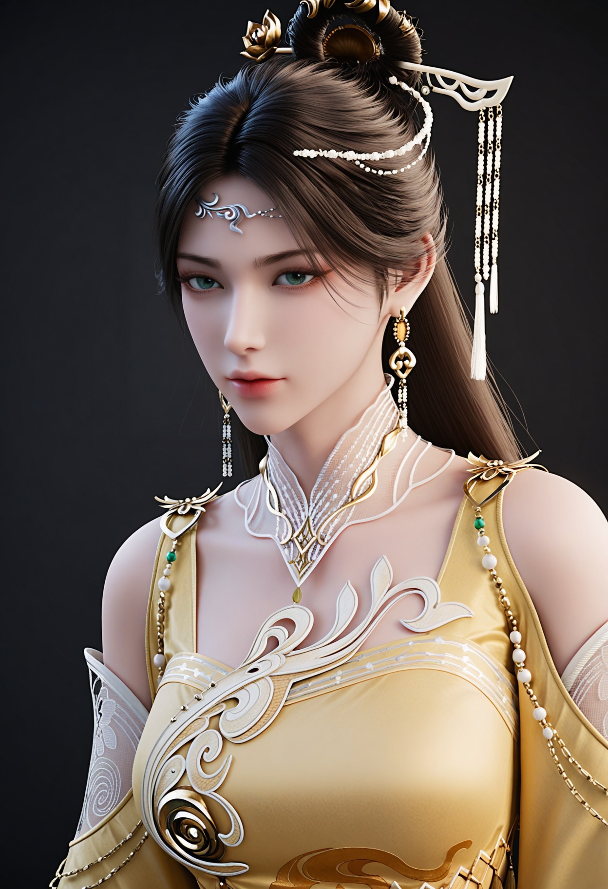 (upper_body:1.1),looking_at_viewer,(simple background,pure black background,black background:1.1),<lora:YQ_li光辉v5_金瓶儿_V1:0.8>,1girl,solo,q1528437228,long_hair,jewelry,earrings,hair_ornament,dress,black_hair,realistic,chinese_clothes,yellow_dress,green_eyes,brown_hair,hair_bun,necklace,single_hair_bun,bare_legs,feet,hair_rings,