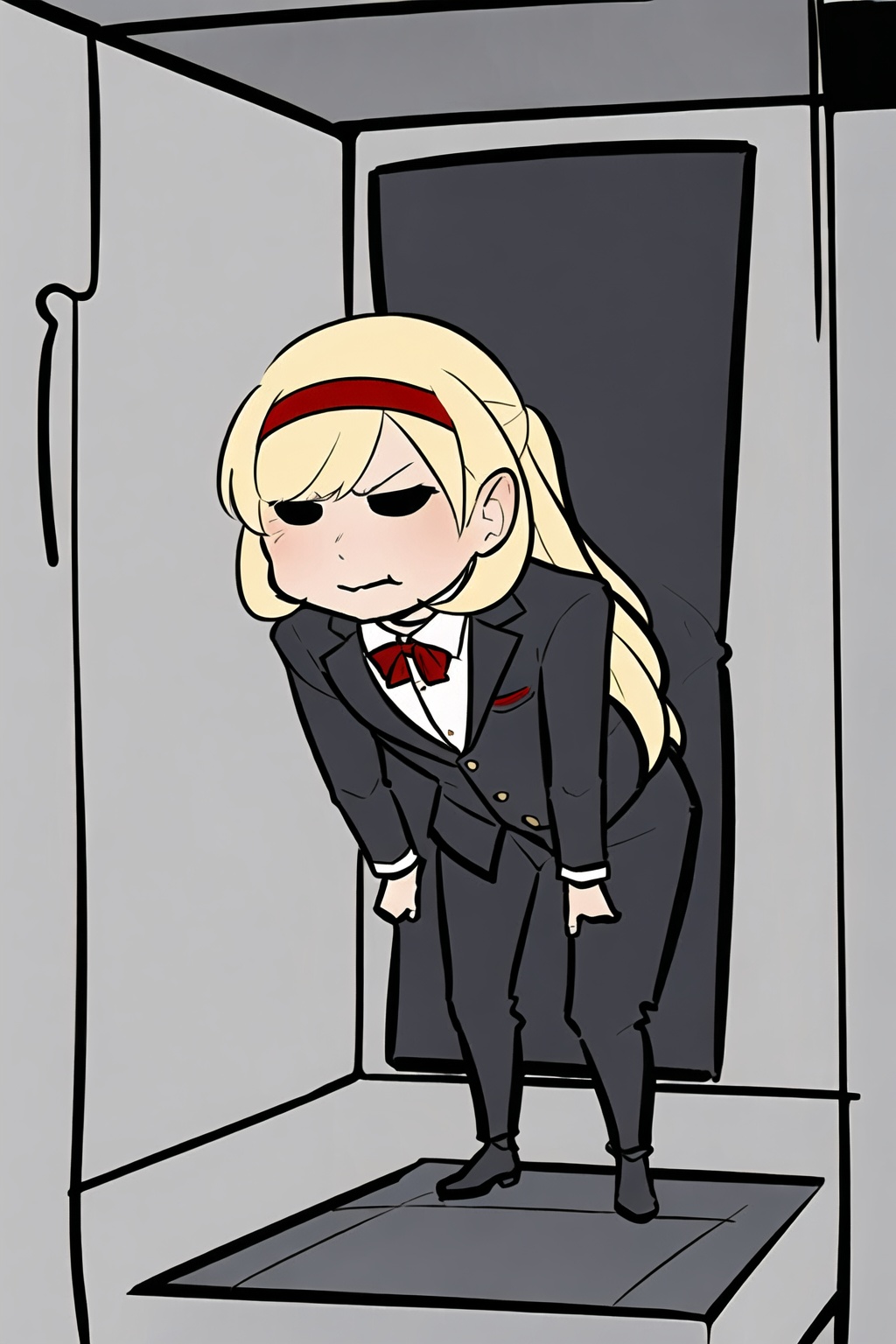 1girl,wsdxj,solo,ojousama,cuteg,red headband,red bowtie,overlook,full body,age regression,rejection,torture chamber,evil atmosphere,