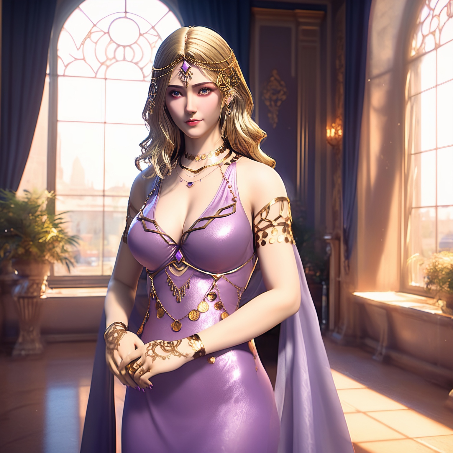 score_9,score_8_up,score_7_up,1girl,breasts,solo,dress,blonde hair,jewelry,cleavage,necklace,purple dress,long hair,looking at viewer,indoors,circlet,window,<lora:kadan firstclothe THv3:0.8>,