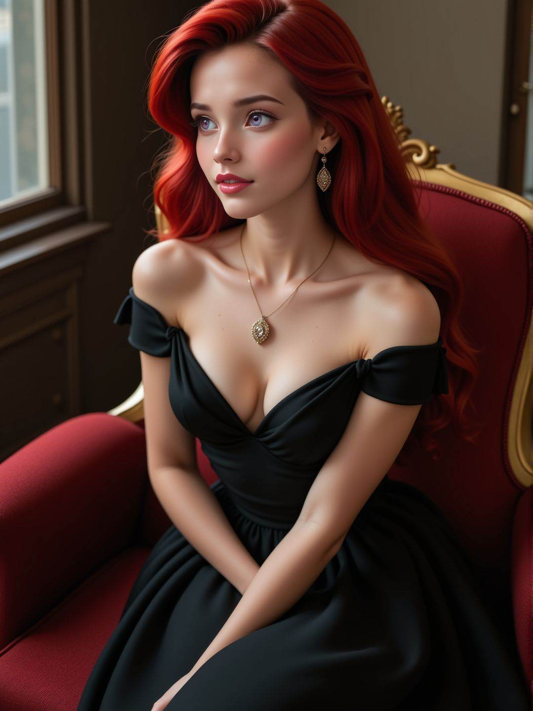 A young elegant woman is sit,  crossed legs. 18yo. She wears a black elegant dress ,  earrings on Tensor.Art