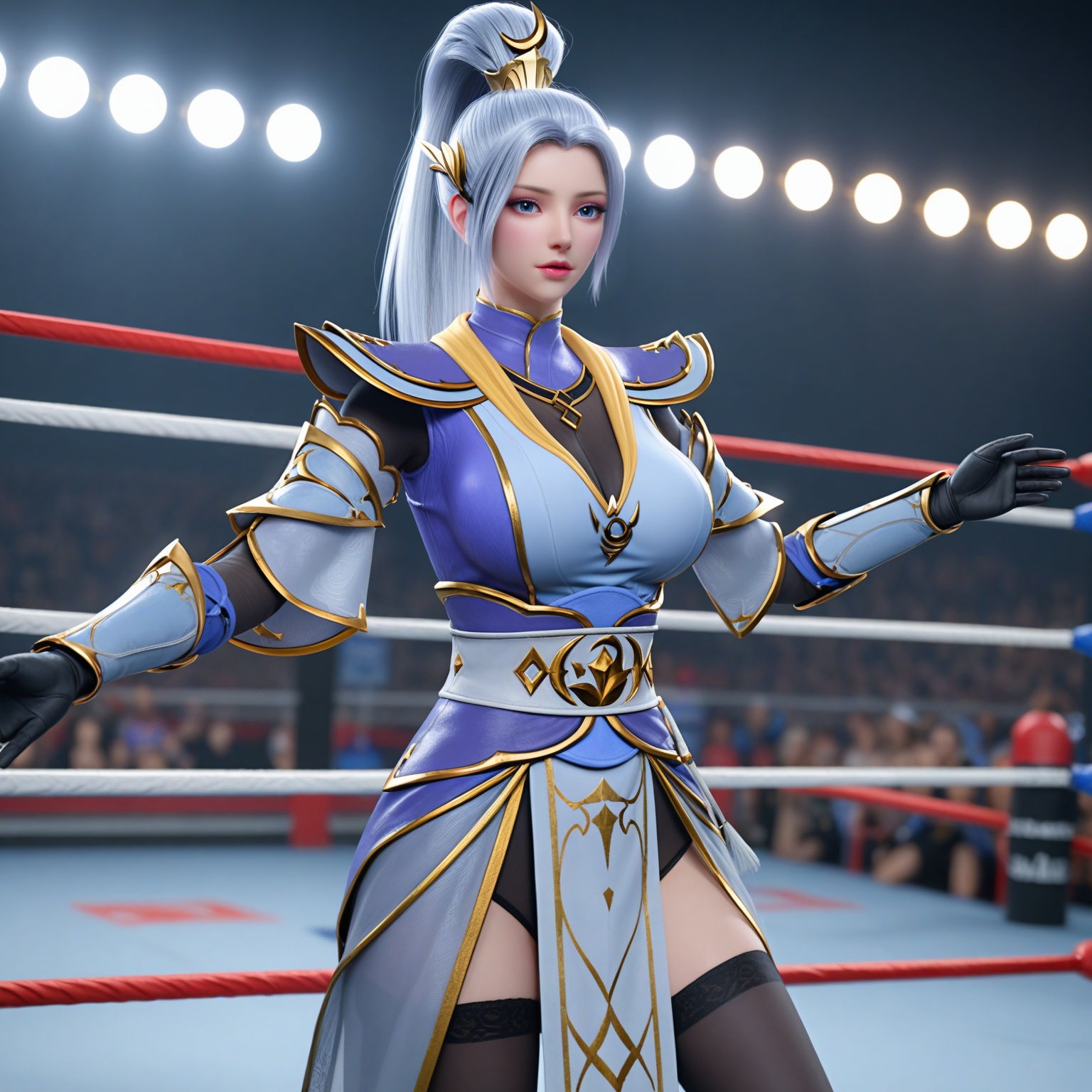 (upper_body:1.1),(huge breasts:0.9),<lora:YQponyhanyueV2:0.8>,(q1528437228:1),1girl,solo,ponytail,long_hair,armor,hair_ornament,blue_eyes,high_ponytail,shoulder_armor,blue_hair,gloves,thighhighs,realistic,grey_hair,black_gloves,(black_thighhighs:1.1),dress,pauldrons,boots,gauntlets,jewelry,hat,grey_eyes,black_footwear,blush,(looking_at_viewer:1.1),BREAKintricate details,shiny_skin,solo focus,(blurry background:1.1),(depth of field:1.1),perfect_anatomy,(cinematic lighting:0.9),(volumetric lighting:0.9),light rays,shiny clothes,light beam,hourglass,(Short torso:1.1),(High waistline:1.1),(wrestling_ring,:1.2),