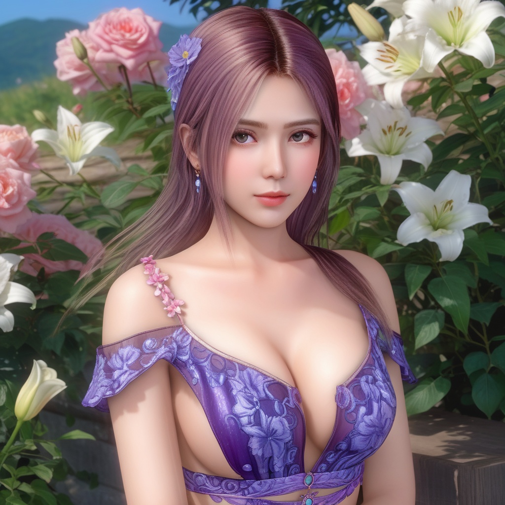 <lora:847-DA-XL-死或生-Elise-BirthdaySuit-20220903:0.8>, (,1girl, ,best quality, ),,  ,ultra detailed 8k cg,ultra realistic 8k cg,1girl, solo,(bare shoulders:0.85),(masterpiece, best quality),((oil painting style)),sexy young lady,(beautiful face and eyes),(upper body:1.5),(whole body:1.05),(single person:1.2),surrounded by flowers, (lily), roses, floret, vegetation, white, purple, purplish pink,Impressionism,colorful,(Breast size:1.3),(cleavage),,