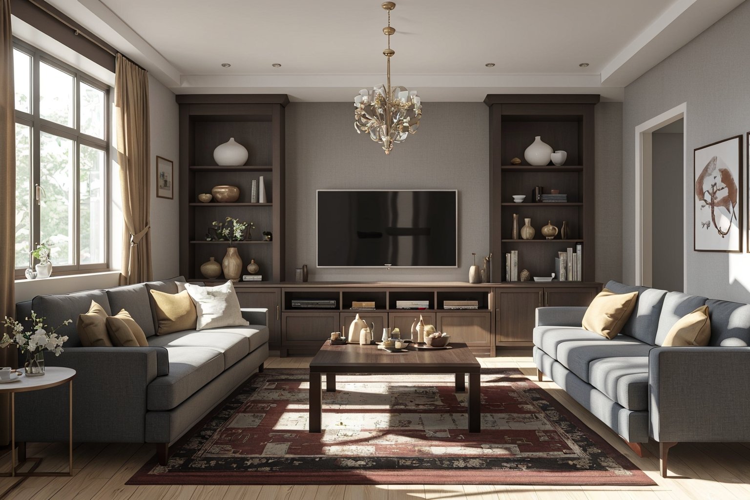 Lao Chen Jingdian, Living room, TV, no humans, , window, table, book,interior design, living room, masterpiece,best quality,unreal engine 5 rendering,movie light,movie lens,movie special effects,detailed details,HDR,UHD,8K,Indoor, living room, TV_ cabinet 