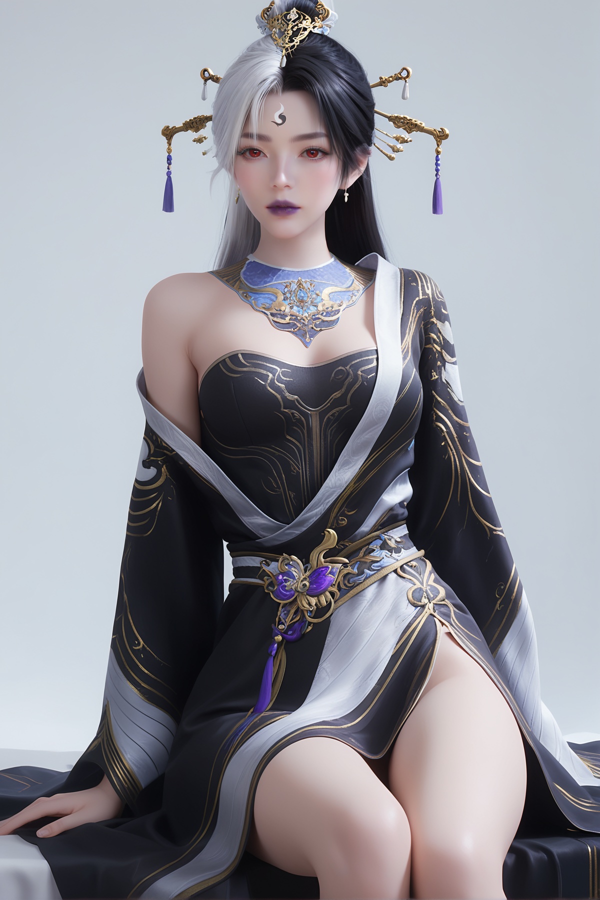 score_9,score_8_up,score_7_up,<lora:wy_yinyangshengnv_XL7.0:0.8>,1girl,long hair,breast,medium breast,hair_ornament,dress,black hair,multicolored hair,white hair,multicolored_hair,red eyes,thick_thighs,sitting,simple background,white_background,black dress,purple lips,forehead mark,
