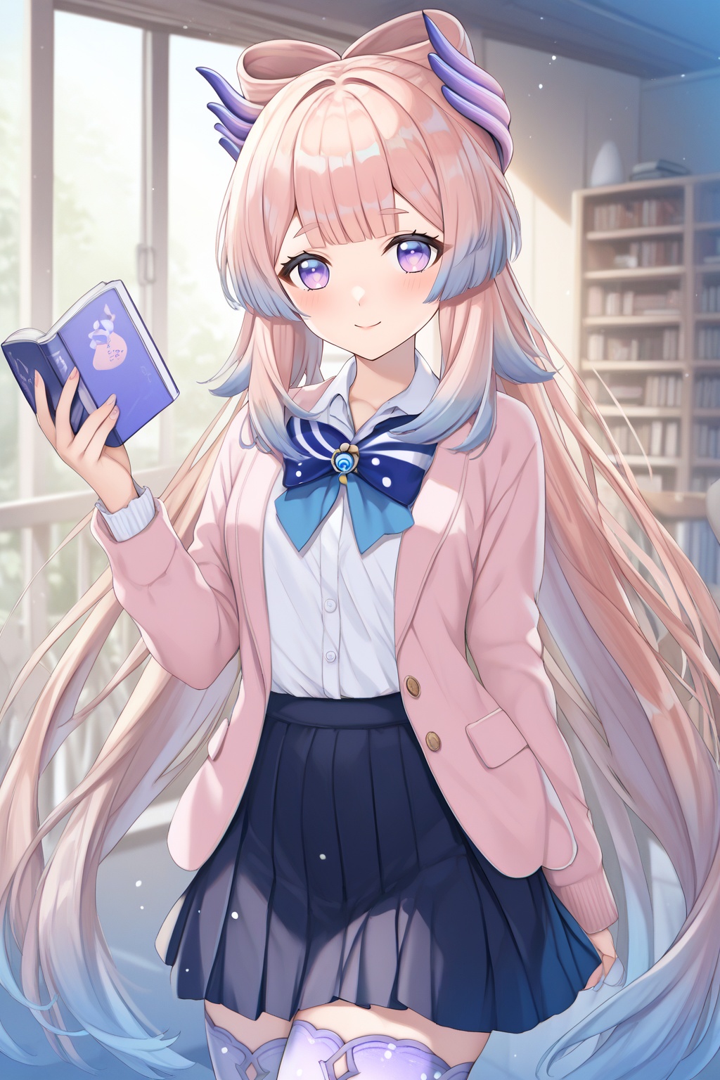 score_9,score_8_up,score_7_up,score_6_up,score_5_up,score_4_up,source_anime,source_cartoon,<lora:Sangonomiya KokomiTuPONYXL-000001:1>,sangonomiya kokomi,1girl,solo,skirt,pink hair,gradient thighhighs,long hair,shirt,white shirt,looking at viewer,holding book,pleated skirt,bow,book,purple eyes,smile,bowtie,jacket,long sleeves,blue bow,school uniform,holding,open jacket,pink jacket,open clothes,closed mouth,black skirt,blush,bow-shaped hair,