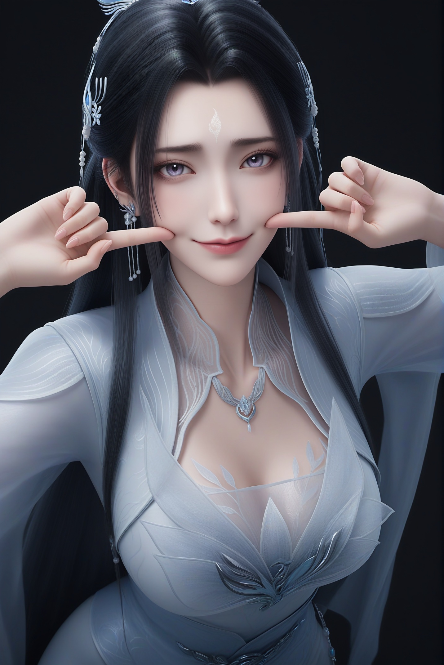 masterpiece,best quality,absurdres,highres,mature female,solo,<lora:新-陆雪琪-ill-000009:0.85>,luxueqi,long hair,black hair,hair ornament,jewelry,earrings,forehead mark,hair bun,hair ribbon,grey_eyes,purple_pupils,BREAKcollarbone,sheer overlay,necklace,dress,belt,cleavage,see-through cleavage,looking at viewer,front view,light blush,light smile,(fingersmile:1.1),BREAKsimple background,black background,