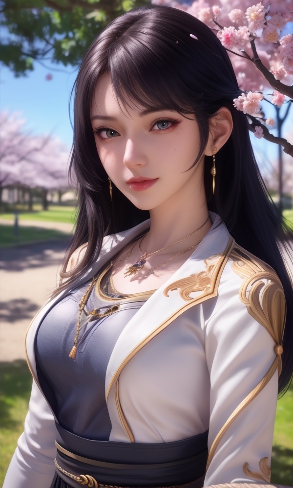 (,1girl, ,best quality, ),looking at viewer, <lora:377-DA-斗罗大陆-木槿:0.8> ultra detailed background,ultra realistic 8k cg,ultra detailed 8k cg,masterpiece,upper body,  (( , )),, ,science fiction,mole, ultra realistic 8k cg, ,tamari \(flawless\),   ,outdoors, sun,sunlight, cherry blossoms,      (()), (),