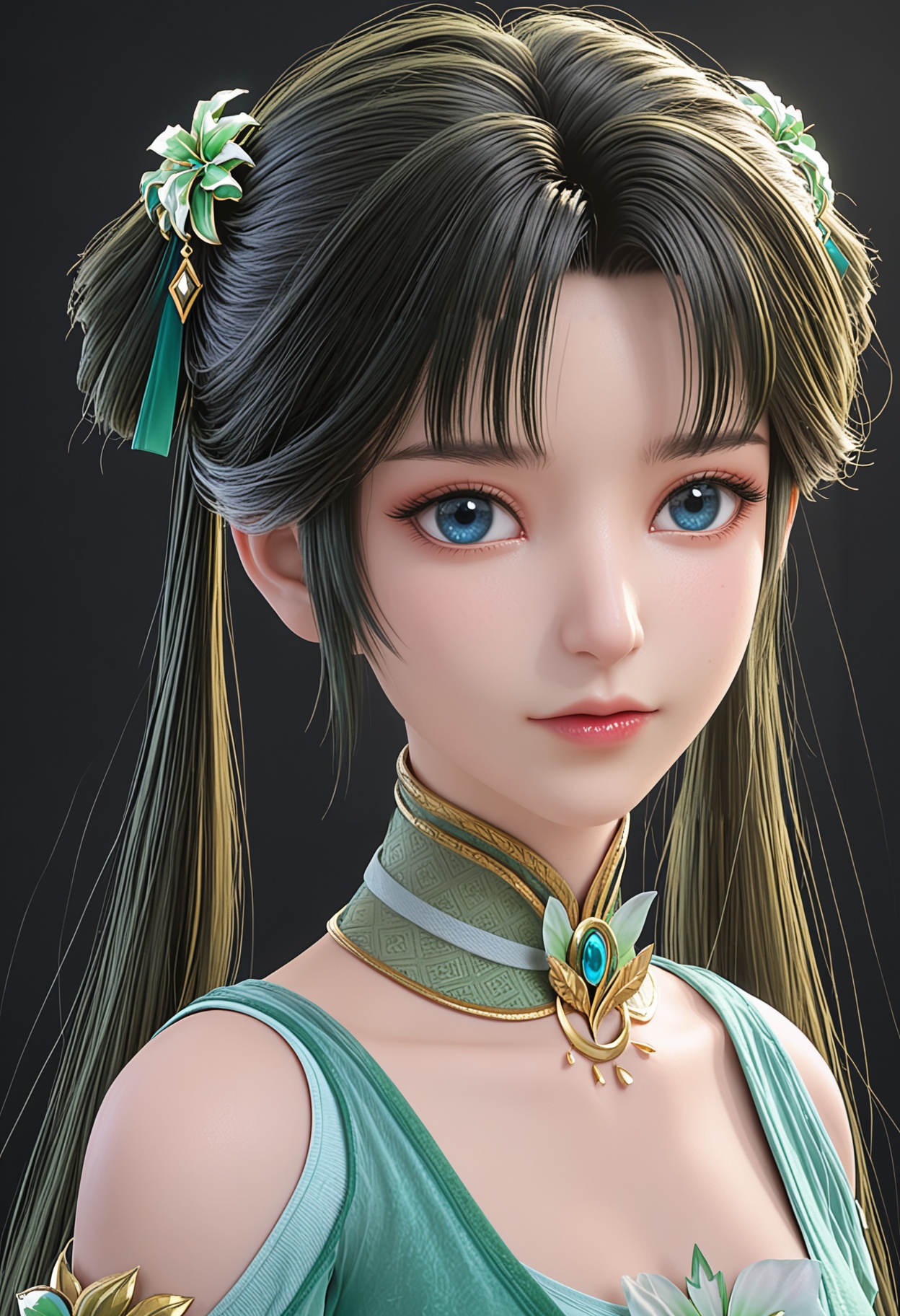 perfect_anatomy,score_9,(upper_body:1.1),looking_at_viewer,<lora:YQ_pony_biyao_V3:0.8>,1girl,q1528437228,solo,black hair,hair ornament,dress,long hair,green dress,twintails,blue eyes,hair rings,jewelry,brown hair,blue dress,flower,hair bun,perfect_anatomy BREAK perfect_anatomy,simple background,black background,(shiny_skin),(Ivory_skin:1.1),(cinematic lighting),
