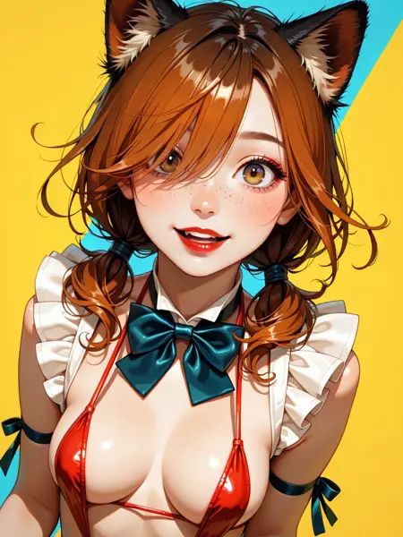 masterpiece, absurdres, face focus, upper body, very_awa, looking at viewer,1girl, woman, solo,dutch view, dynamic angle,back lighting, deep darkness,brown eyes, fringe hair, hair over eye, ginger hair, brown hair, straight hair, low twintail, curls, tiny curls, freckles, Kemonomimi, red lips, bust lifting,bowtie, apron, slingshot bikini, ribbon thigh ribbon, ruffled accents,duo-colored_background, black, yellow background, blue background,happy, surprised but happy,close up, blush