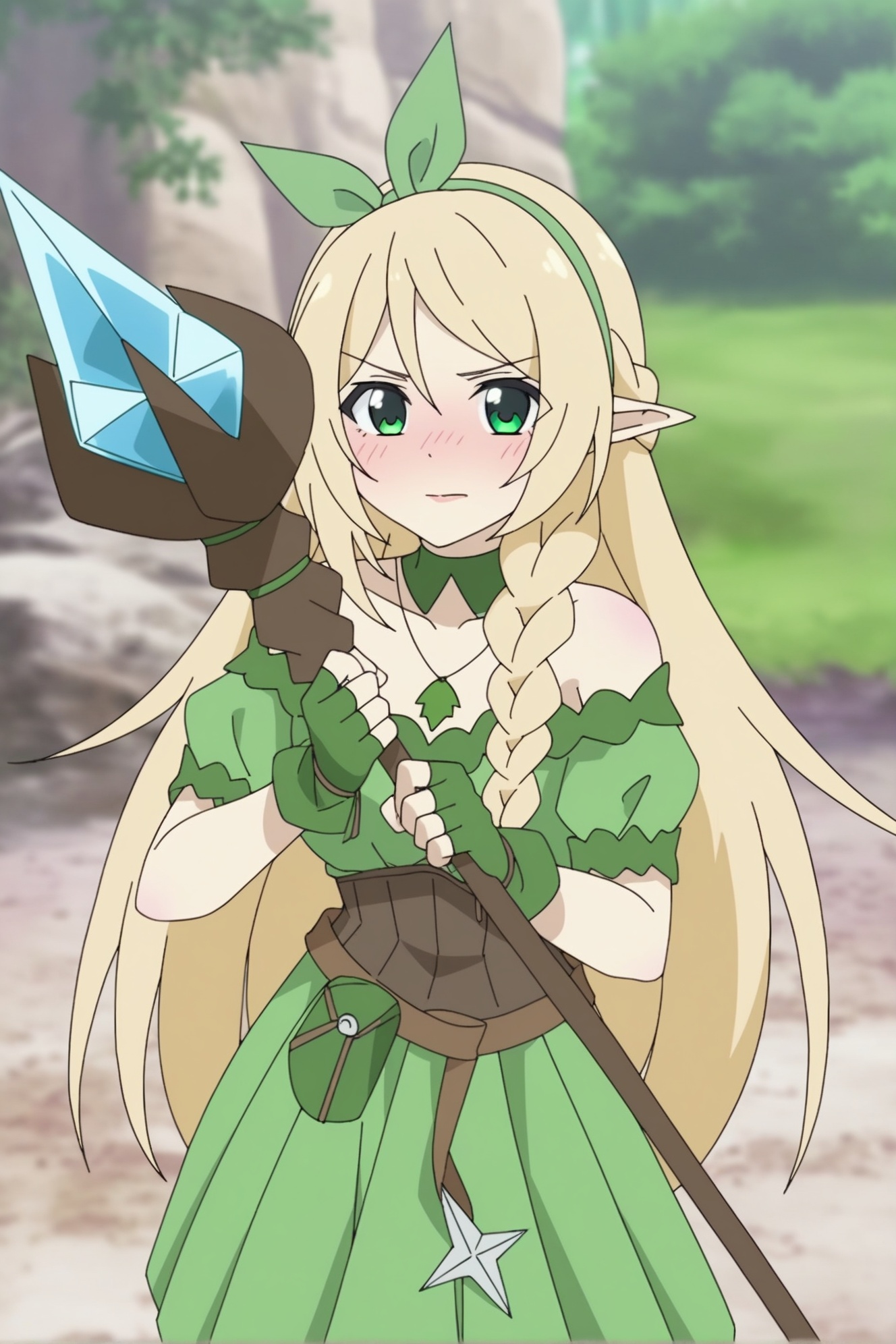 Ririumu, 1girl, pointy ears, elf, blonde hair, long hair, solo, green eyes, fingerless gloves, gloves, braid, holding, dress, parody, green dress, staff, looking at viewer, hairband, green ribbon, blush, bare shoulders, green gloves, outdoors, collarbone, holding staff, ribbon, very long hair, weapon