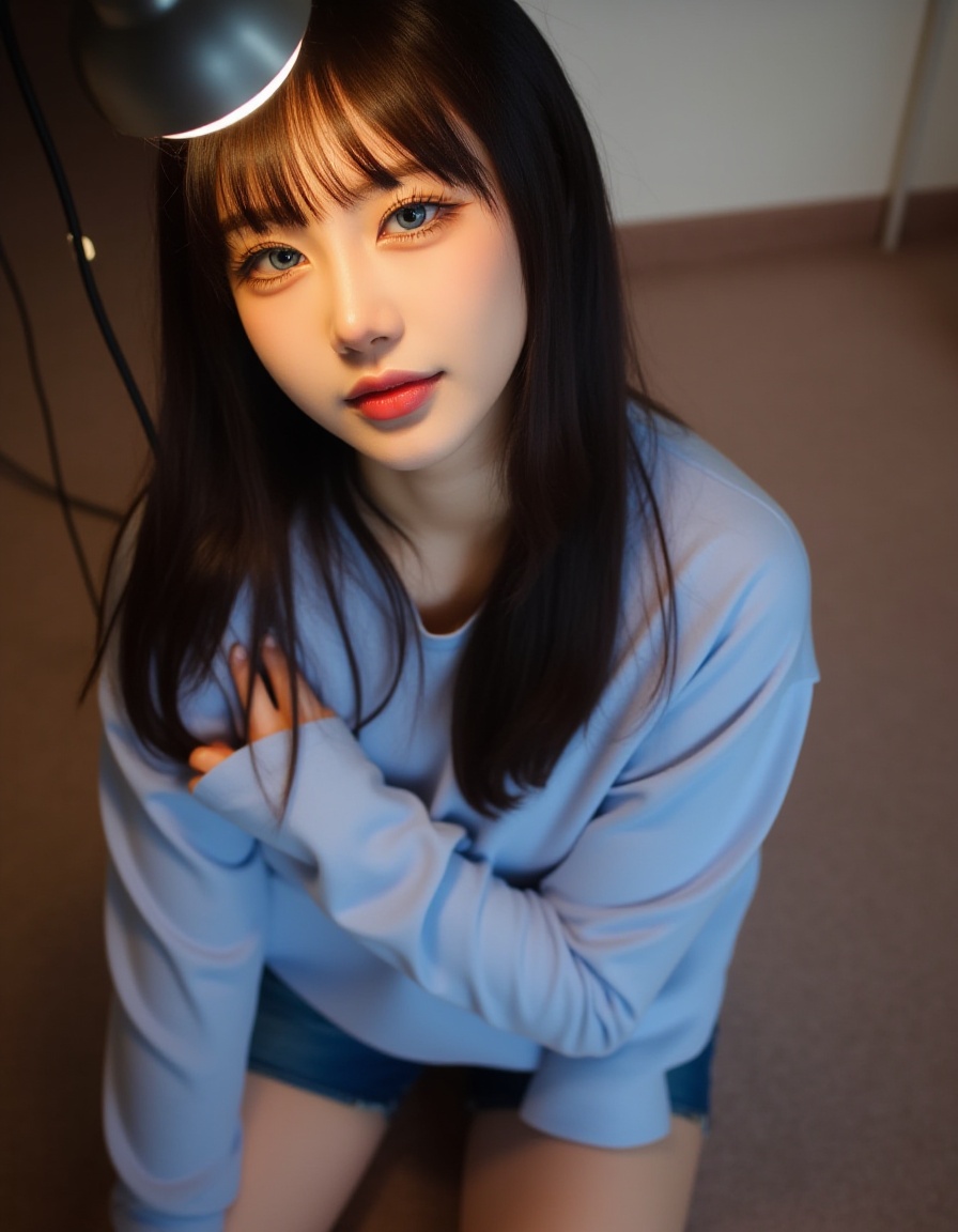 a young Asian woman with long dark hair,wearing a light blue long-sleeved t-shirt and blue shorts,is seated on a brown carpeted floor. Her left hand is draped over her right shoulder,adding a touch of color to the scene. The woman's eyes are a piercing blue,and her lips are a pinkish-pink. Her hair is cascading down her shoulders,framing her face. A light bulb is emitting from the top of her head,casting a shadow on the left side of the image.,
