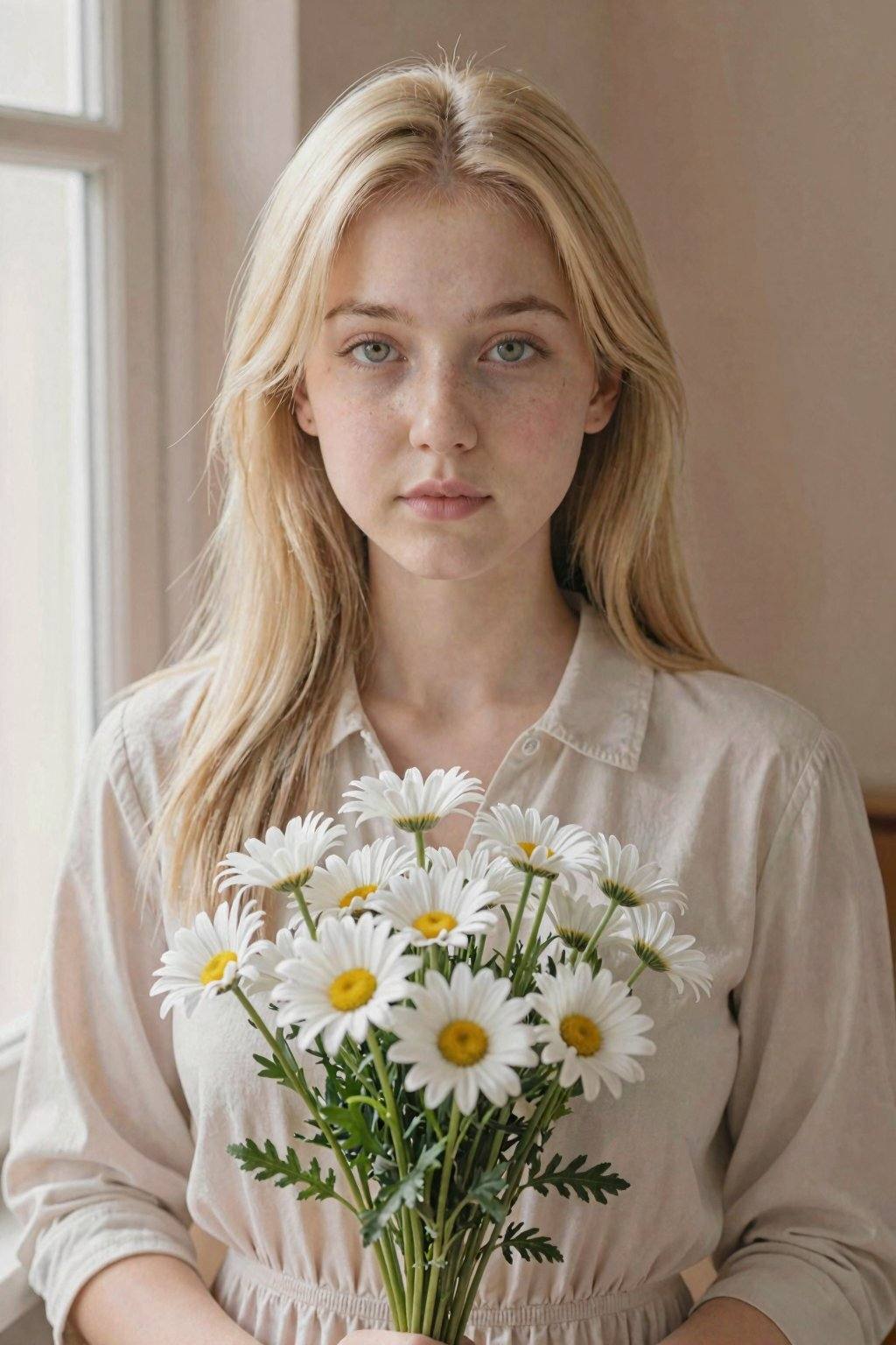 A young, fair-skinned woman, likely Caucasian, is the central subject of the image. She appears to be in her early twenties. She has long, straight, blonde hair framing her face, and her gaze is directed towards the viewer. Her facial features include green eyes, delicate freckles across her nose and cheeks, and a slightly neutral expression. She is wearing a light-colored, long-sleeved dress or shirt with a collared neckline. She's holding a bouquet of white daisies with yellow centers, held at chest level. The setting appears to be indoors, near a window, with warm-toned walls. The lighting is soft and natural, coming from the window, and casting gentle shadows. The composition is a medium shot, framing the woman from the chest up. The style is somewhat naturalistic, with a soft, inviting atmosphere, conveying serenity.
