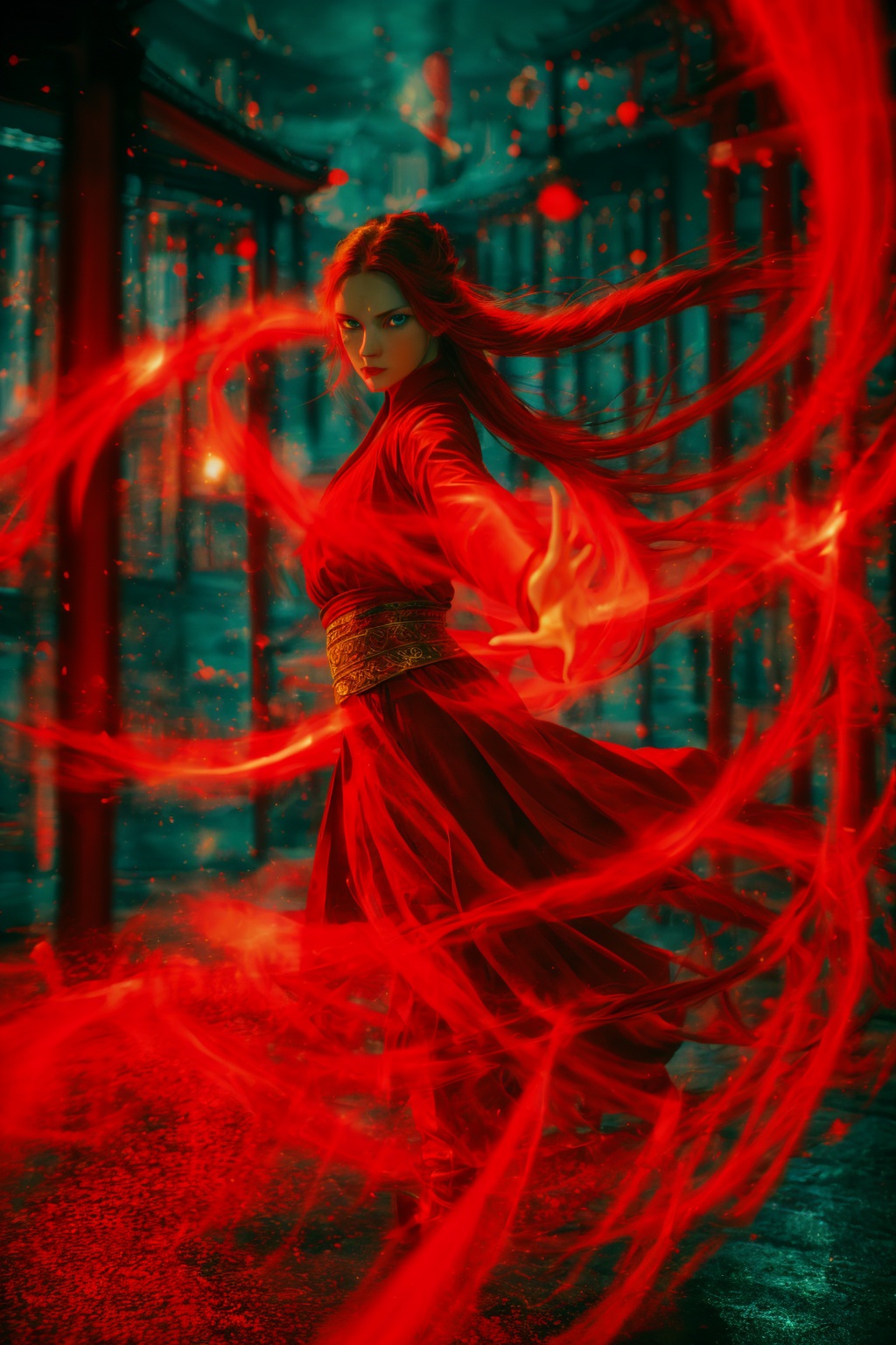 dancing,fighting stance,red-aura,using red-magic,red-magic,1girl,solo,long hair,blue eyes,common face,full body,<lora:magic_fighting_red_512_dreamshaper_8_2:0.8>,