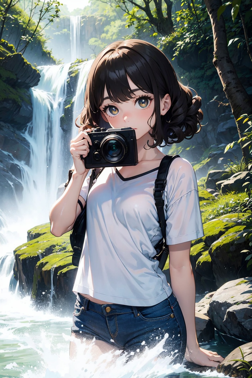 (Masterpiece),(Best Quality),1girl,white cat,black pupils,curly brown hair,in a waterfall,holding a camera,dense forest,adventure,