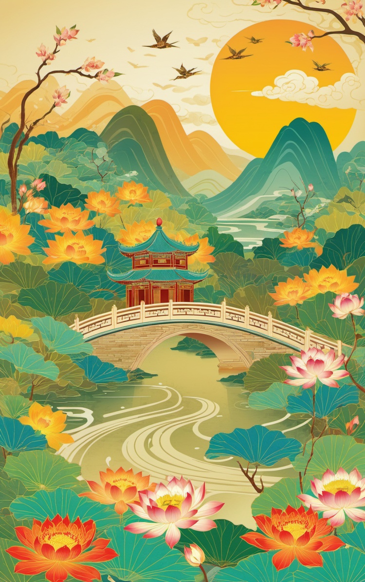 (masterpiece),(best quality),ultra hi res,reaslistic,Illustration in the style of Chinese national tide,Along The River During the Qingming Festival,Fine brushstrokes,Rich colors,Composition in the alternation of landscapes and ancient buildings,For packaging design