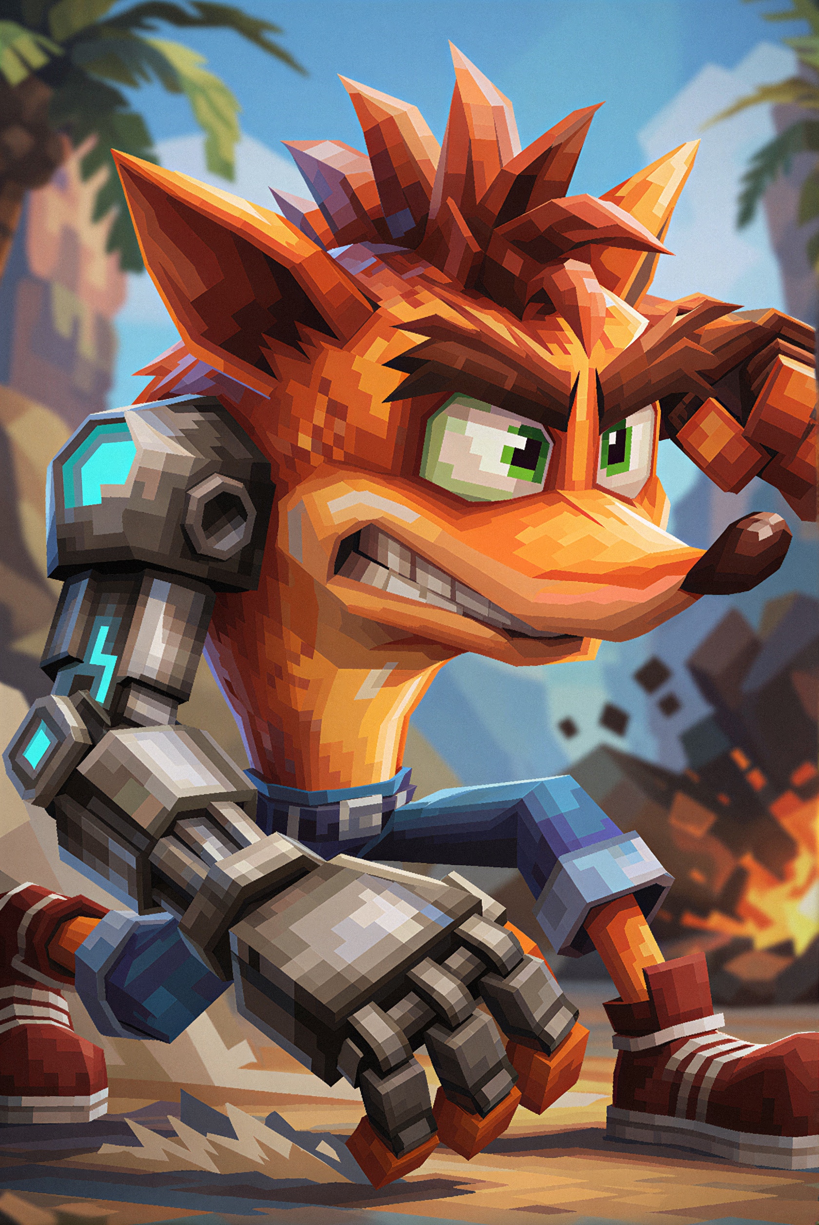 a digital low poly pixel art,  Crunch Bandicoot powers through high-intensity combat zones with enhanced mechanical streng...