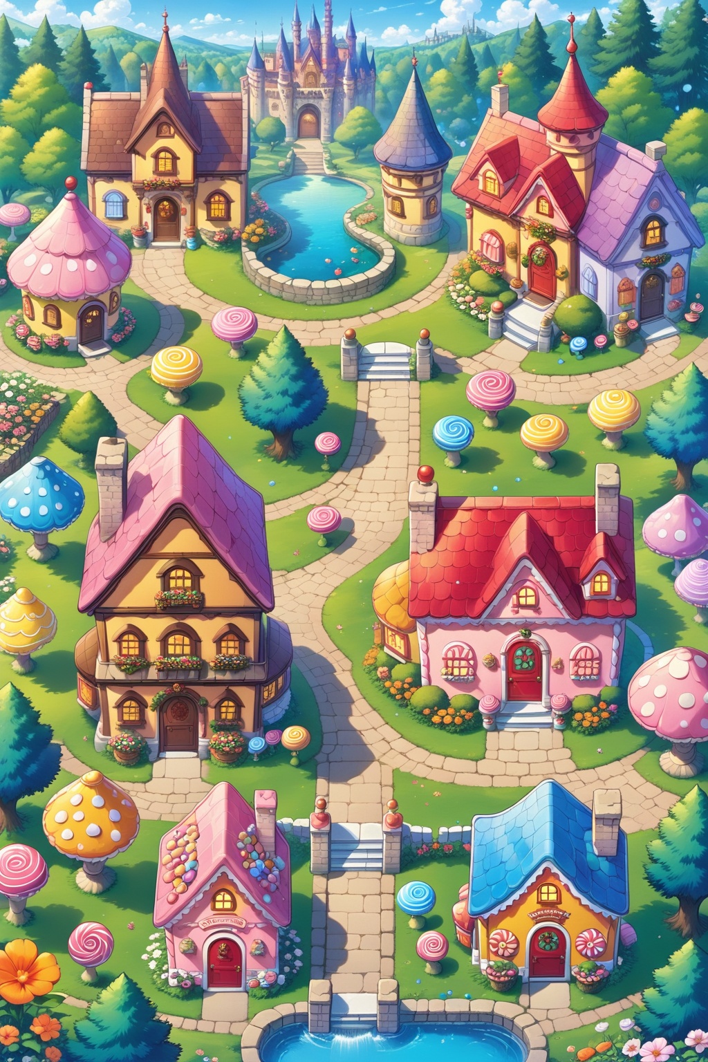 flower, outdoors, day, water, tree, no humans, window, grass, plant, building, scenery, stairs, yellow flower, fence, door, potted plant, bush, house, orange flower, pond, garden, chimney, HD, best quality, 16k，Masterpiece, simple, neat, castle, candy house, forest, mushroom, fruit, flower, fairy tale world， <lora:lora:0.8>