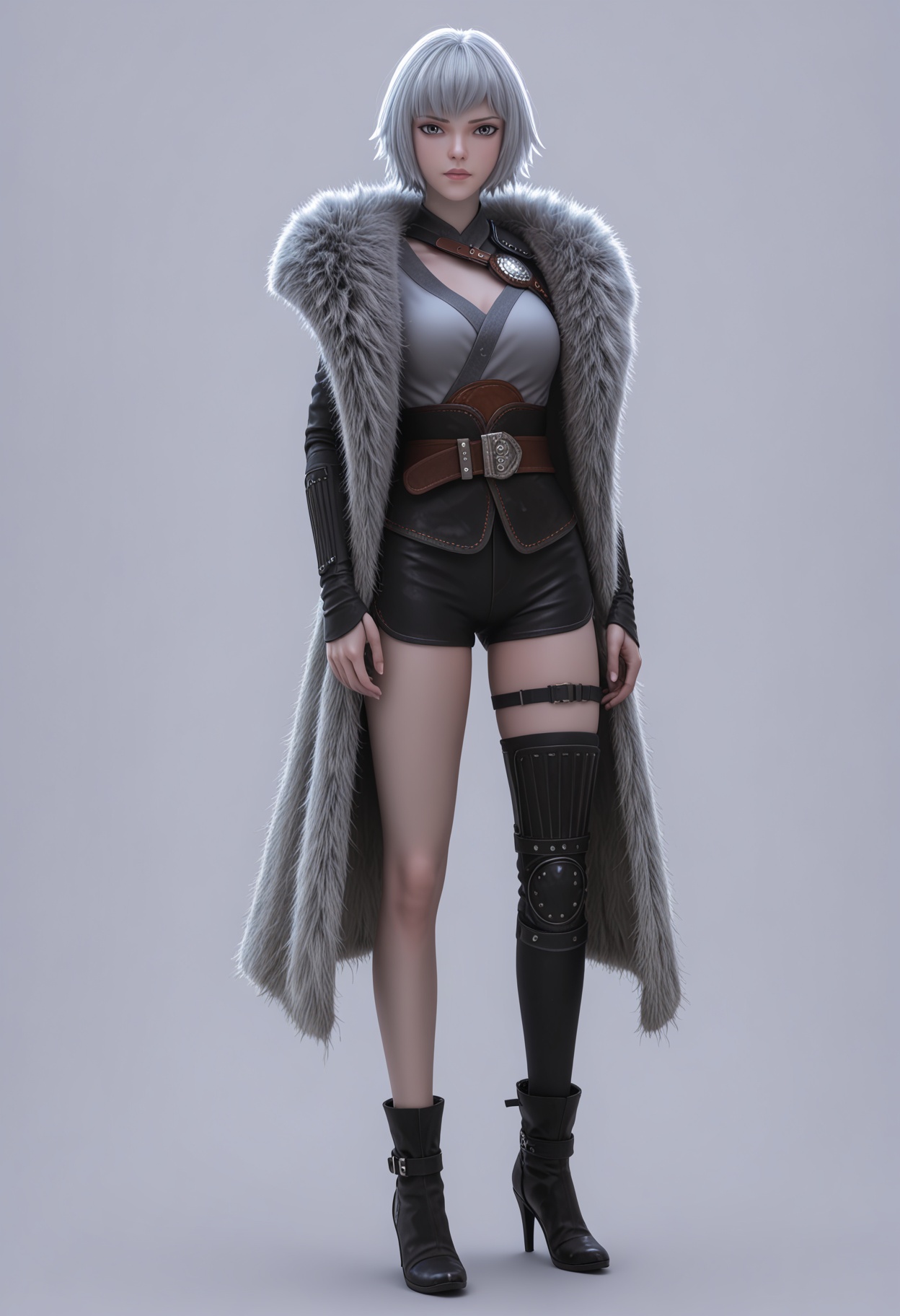 score_9,high detail,best quality,cinematic lighting,volumetric lighting,shiny skin,shiny,1girl,solo,armor,thigh strap,grey eyes,breasts,belt,fur coat,short hair,white hair,white background,shorts,simple background,closed mouth,thighhighs,standing,lips,full_body,sheathed,looking at viewer,high heel boots,single thighhigh,<lora:QQSponybaiyuekuiV1:0.8>,<lora:Pony_DetailV2.0:0.8>,<lora:皮肤凹痕:0.1>,